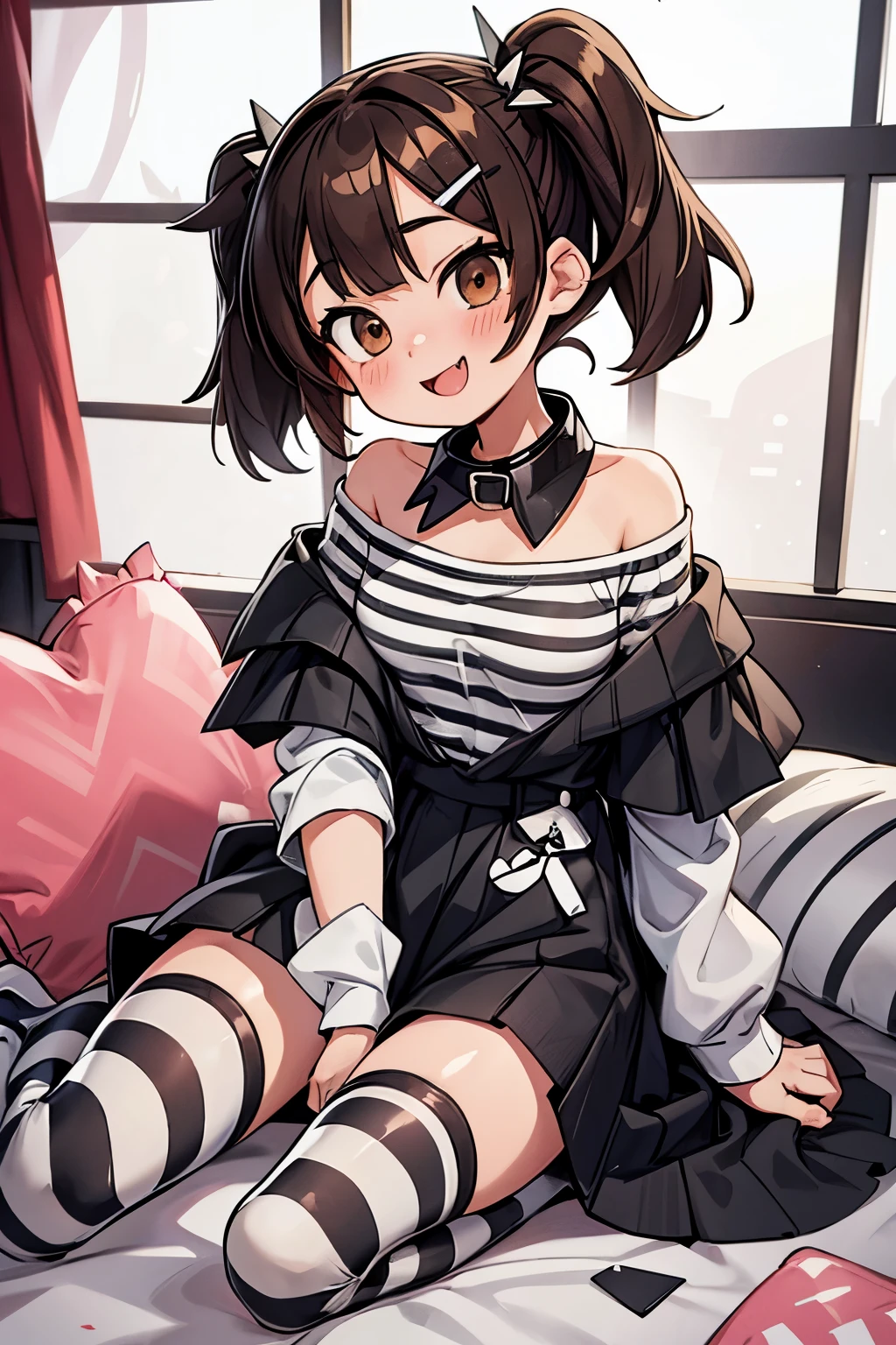 cartoon girl in black and white outfit with black and white striped socks, 1girl, striped, solo, collar, striped thighhighs, spiked collar, shirt, off shoulder, looking at viewer, brown eyes, hairclip, spikes, brown hair, blush, hair ornament, smile, fang, fang out, off-shoulder shirt