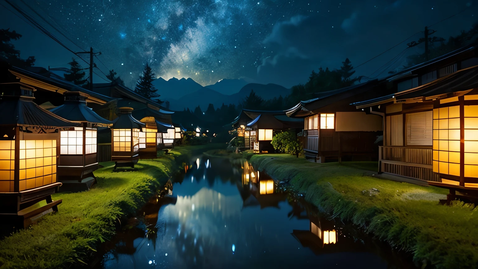 night、starry sky、evening、Light reflecting in a puddle、Realistic、Live-action、fantasy elements、low angle、Cinematic Story、Japanese style house、far away、Mountain々、forest、There are many lanterns lined up on the road、The lantern is placed directly on the ground.、Stars in the sky々、
