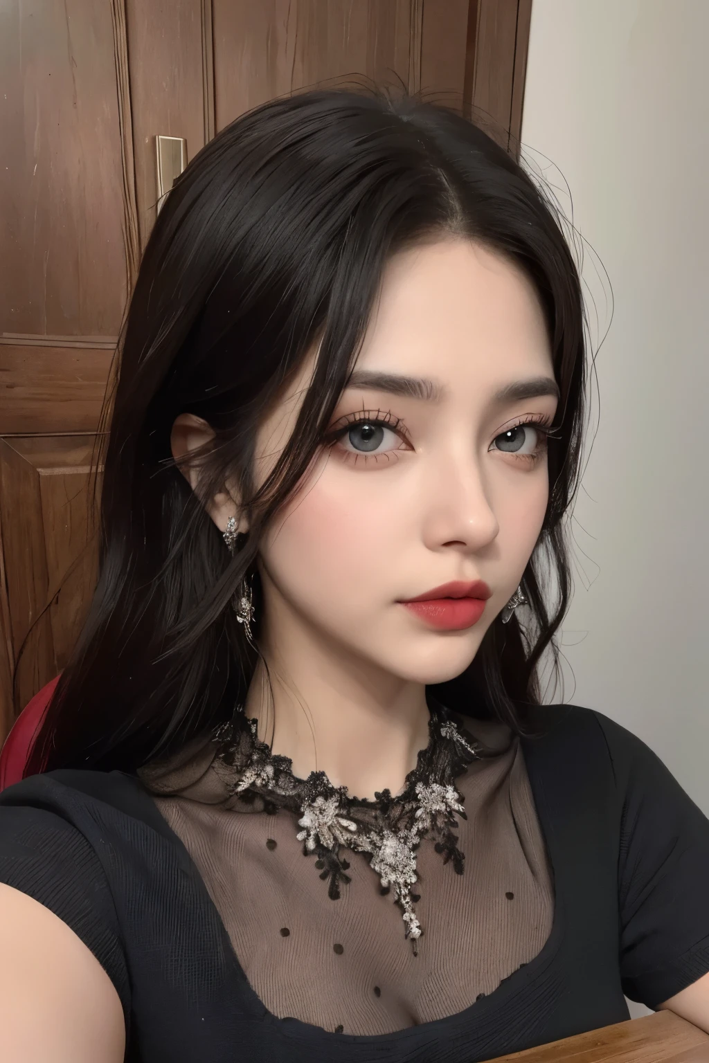 ((Mejor calidad)), ((obra maestra)), (detallado), cara perfecta, cabello negro, labios rojos, nariz afilada, piernas largas, tacones rojos, ,mirando de frente, parada derecha, OJOS GRANDES Y AZULEZ, VESTIDO NEGRO ELEGANTE, OJOS AZULES, LABIOS MUY ROJOS, ROSTRO ALARGADO, OJOS COLOR AZUL FUERTE, PARTIDO DEL CABELLO A LA MITAD