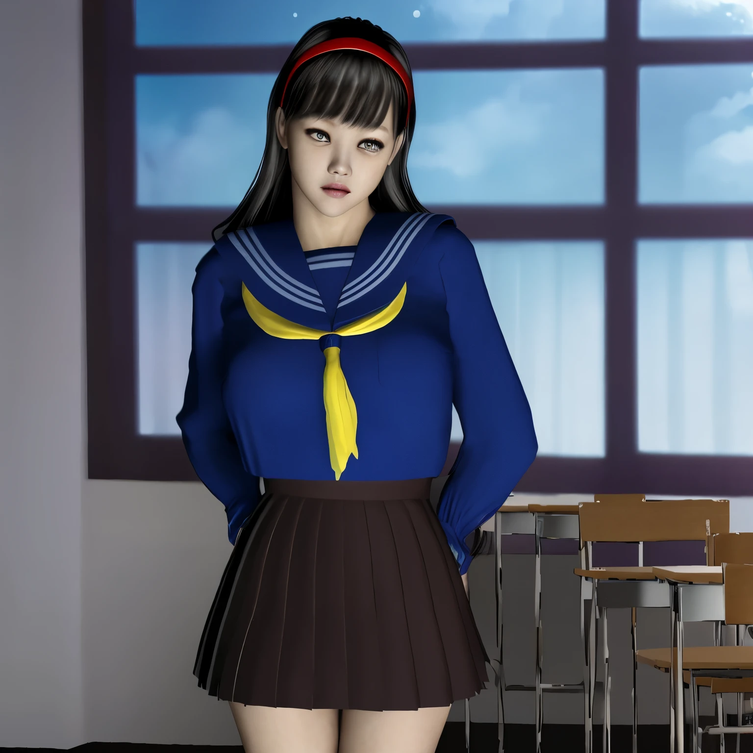 (Detailed CG、unity、8k wallpaper)、(very delicate and beautiful)、(masterpiece)、(highest quality:1.2)、(超A high resolution:1.3)、(beautiful realistic asian),beautiful lighting、perfect lightning、realistic shadow、fine skin、Super detailed、detailed face and eyes、realistic eyes、sharp pupils、Huge , inside the classroom、School、sunset、beautiful face、blurred background、(japanese woman)、shiny skin、side up、beautiful black hair、dull bangs、Japan High School Sailor Uniform、pleated mini skirt、gentle smile, ((table top, highest quality)), (shiny skin), cinematic lighting, Physically based rendering, award-winning, highly detailed skin, highly detailed face, Beautiful eyes in every detail, Carl Zeiss 85mm F/1.4, (Cowgirl:1.3), (cumin , on the chest and thighs), she'To a very cute 16 year old , (brown hair, straight long hair, open your eyes, round face), big cleavage, (sailor blouse, Pull up the pleated skirt yourself:1.3), watching from a distance, (spread your legs, thigh focus),art by、