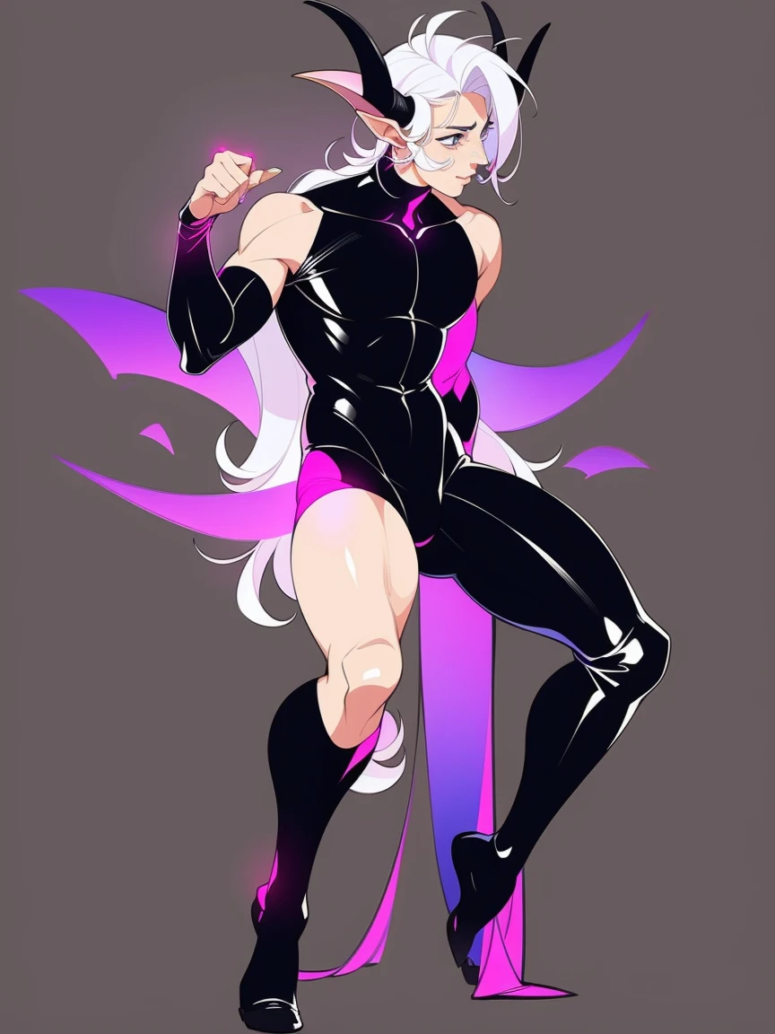 ((1male)) Adopt the concept of the character, male ,Beautiful , tiefling, horns, whole body, latex