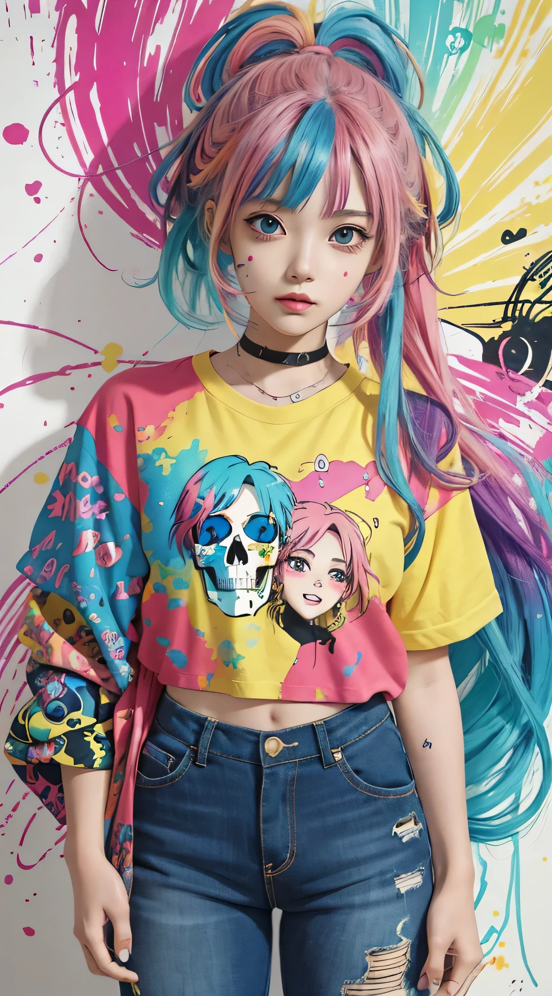 Painting of a girl with colorful hair and skull shirt, Colorful]”, anime colours, Colorful!!, style of anime4 K, Colorful, 2 d anime style, decora inspired illustrations, anime art style, Colorful!!!, anime style art, Anime art wallpaper 4k, Anime art wallpaper 4 K, Anime style artwork, colored manga art, Colorful!, Anime art style