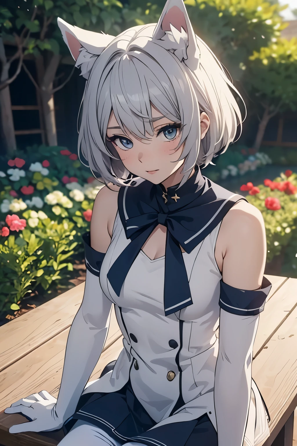 table top best image quality wonderful high detail One Young Woman((adult))anime style full body white sailor suit(sleeveless) navy blue mini skirt lift the skirt white long gloves(elbow gloves) white pantyhose(Plain color) wolf ears short hair((shortcut)(gray hair)(curly hair)(fluffy)) surprised(red cheeks) eye color is blue background(garden) strong wind
