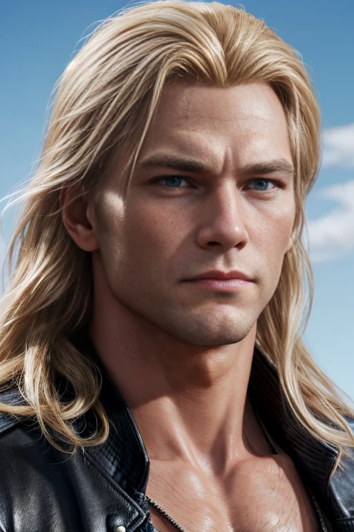 Homem, Andy Bogard, detailed face, long blonde hair, bright blue eyes, (best quality, high-resolution, photorealistic), wearing black jacket