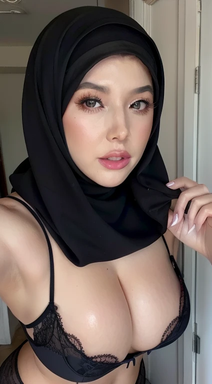 Girl, big tits , grey hijab, long hair, violet, lingerie, lay, shy, handsup, dildos