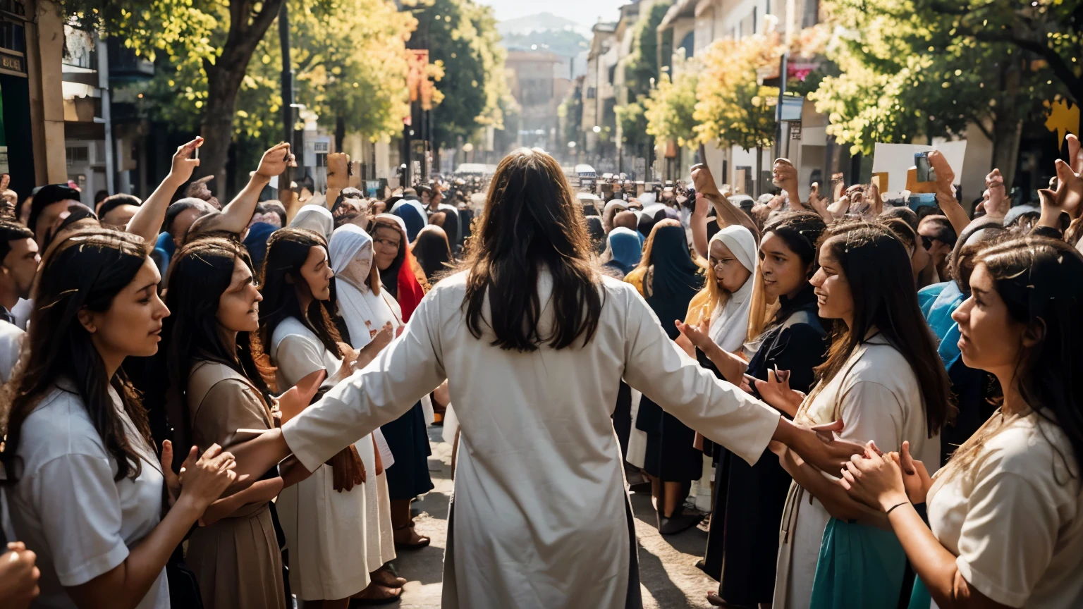Depict a high definition image of Jesus Christ walking alongside the people, manifesting His presence and compassionate love. Na cena, Jesus is surrounded by a diverse crowd of people of all ages, etnias e origens sociais, representando a amplitude da humanidade. He walks with firm steps and gentle expression, emanating an aura of peace and hope. Jesus' hands are outstretched, offering comfort and healing to those around Him. The surrounding scenery is full of life, com paisagens urbanas ou rurais vibrantes, symbolizing the presence of Jesus in all aspects of human life. People's faces reflect a variety of emotions, from joy and gratitude to pain and need, highlighting Jesus' ability to connect deeply with each individual. The colors and light in the scene should convey a feeling of warmth and welcome, reflecting the loving presence of Jesus among His people. Ensure that every detail of the image is represented accurately and carefully, capturing the essence of the message of hope and redemption that Jesus brings with him.