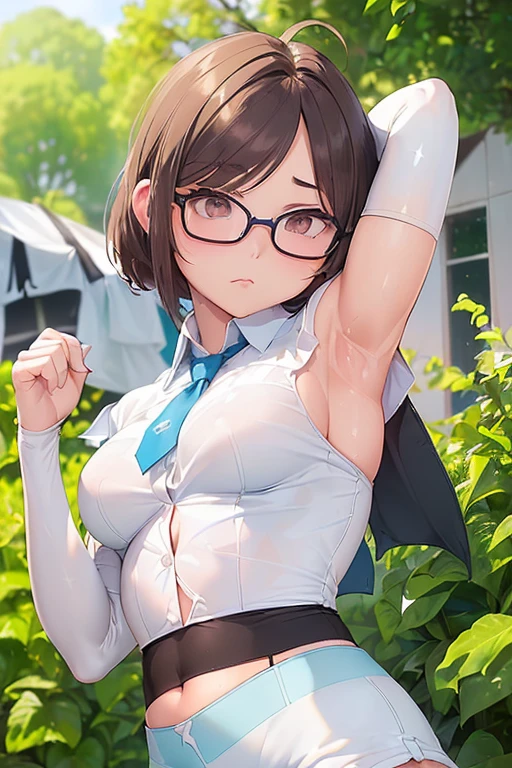 (Westshot:1.7),(1 girl:2.0),18 year old female, Beautiful super short hair:2.0,(Shiny brown hair:1.5),(ultimate beautiful girl:1.7),(Beautiful young Japanese woman:1.3),(beautiful big eyes:1.5),(glasses:1.5),gymnast,(big breasts:1.2),(The face is slightly turned to the right:2.0),(I'm worried:1.5),(embarrassing:1.5),(wrinkles under the armpits:1.8),(The whole body is shown:2.0),(show your legs:1.8),(outdoor:2.0),beautiful feet, I can see your knees,I can see your belly button,(The upper body is a white business shirt:2.0),(tie:1.5),(Blue tight shorts:1.8),(black stockings:1.6)
