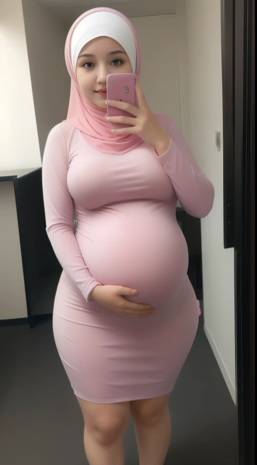 4k,(( hijab pink)), collossal , (hute pregnant), super cute face, focus whole body, stocking pink, perfect body, ((cute stocking pink)), chubby face, thick thight, SQUESHING ,  long dress, long hijab,(( selfie)), beautifull eyes, thin long-sleeved shirt, pervert mouth, smile, public area, zoom out, piink legging, ((transparan shirt)) , ((sex with man)) 