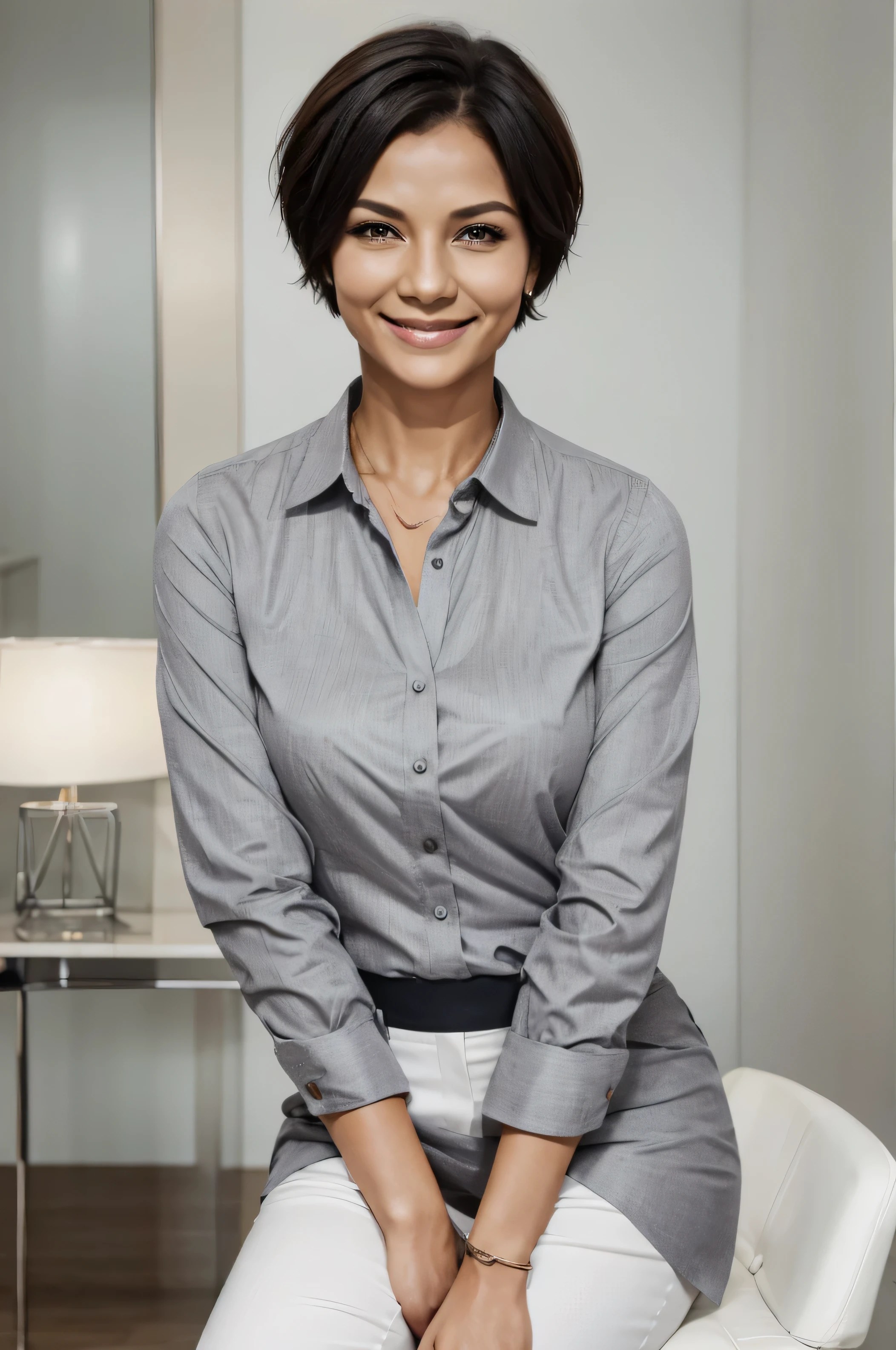 portrait perfect image woman short hair smile front view, 30 years, executive shirt in gray color, plain white background
