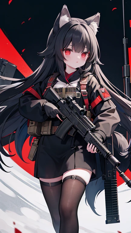 long black hair，Wolf-eared maiden，wolf tail，red eyes，Tactical bomb hanging，holding assault rifle