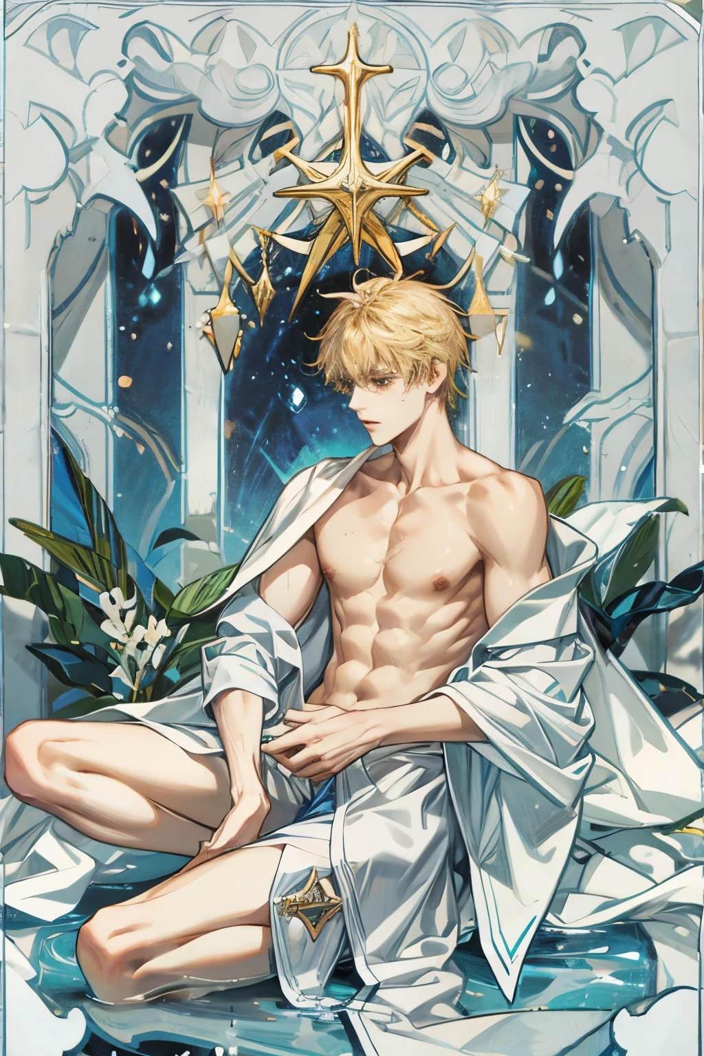 tartaglia, shirtless, water, fullbody, tarot card