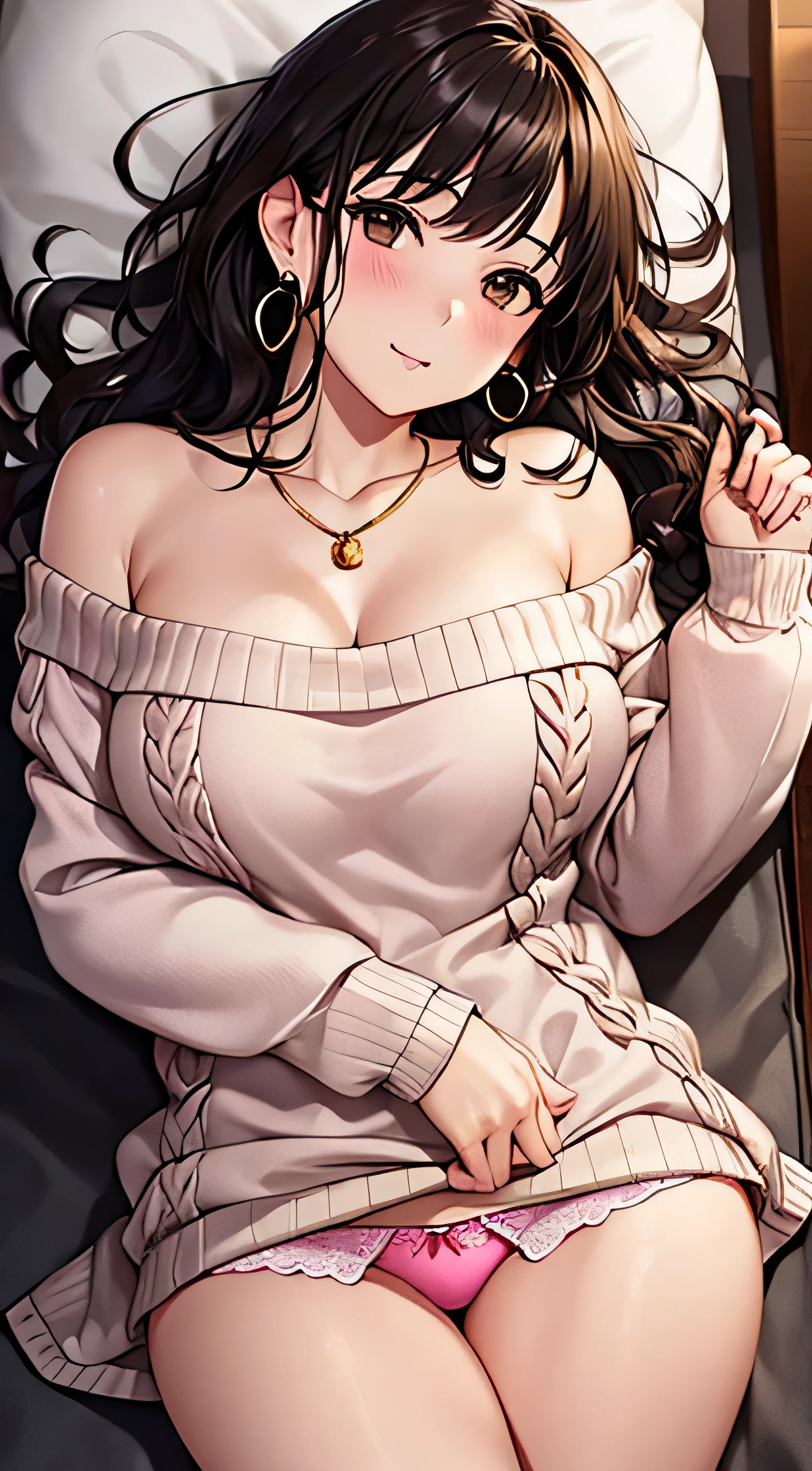 (table top, highest quality, High resolution, , perfect pixel, 4k,), 1 girl, single, alone, Beautiful woman、I could see the whole body、 ((wavy middle hair, bangs, brown hair)), ((brown eyes, beautiful eyelashes, realistic eyes)), ((detailed face, blush:1.2)), ((smooth texture:0.75, realistic texture:0.65, realistic:1.1, Anime CG style)), medium breasts, dynamic angle, perfect body, ((, beige off shoulder sweater、Tight denim skirt、black stockings、cute necklace、earrings、)), upper grade、shy smile、Luxury hotel room、sleep on your back in bed、((open legs))、angle from below、Put your arms together to accentuate your cleavage、、((Pink lace panties are visible))、
