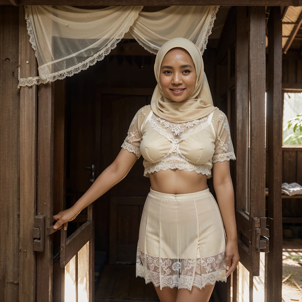 A 52 years old Indonesian woman in cream color hijab, wearing cream color bra, wearing very short see-through cream color lace skirt, skirtlift, villager, poor woman, darker skin, curvier body, short body, smiling and standing alone in an old wooden house, look to the viewer with eye close