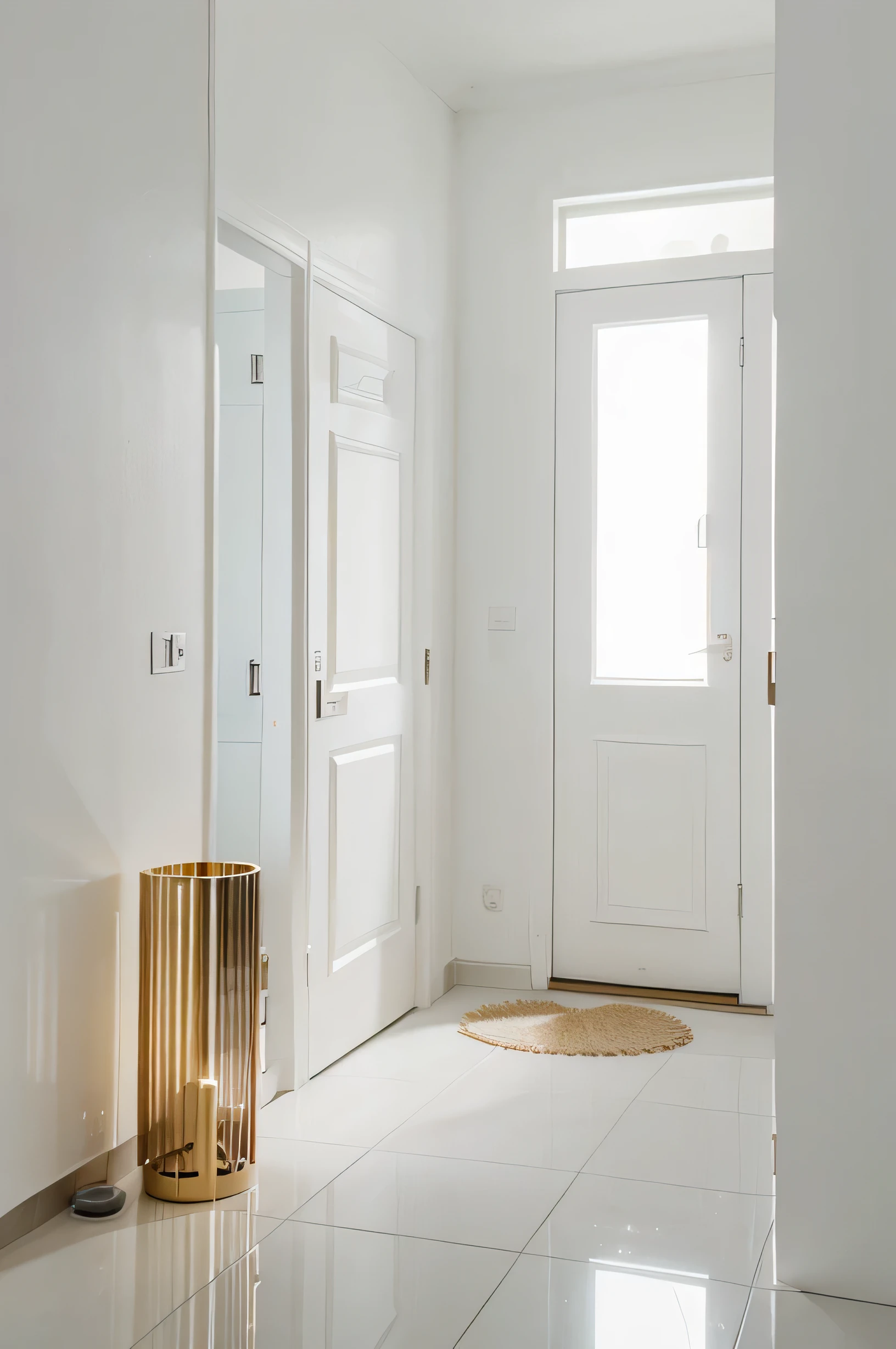 create the image of a white door, modern with space in the front, e um vaso de enfeite ao lado da porta