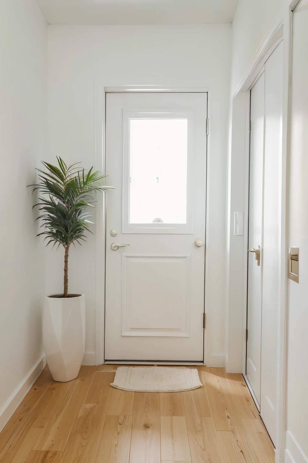 create the image of a white door, modern with space in the front, e um vaso de enfeite ao lado da porta