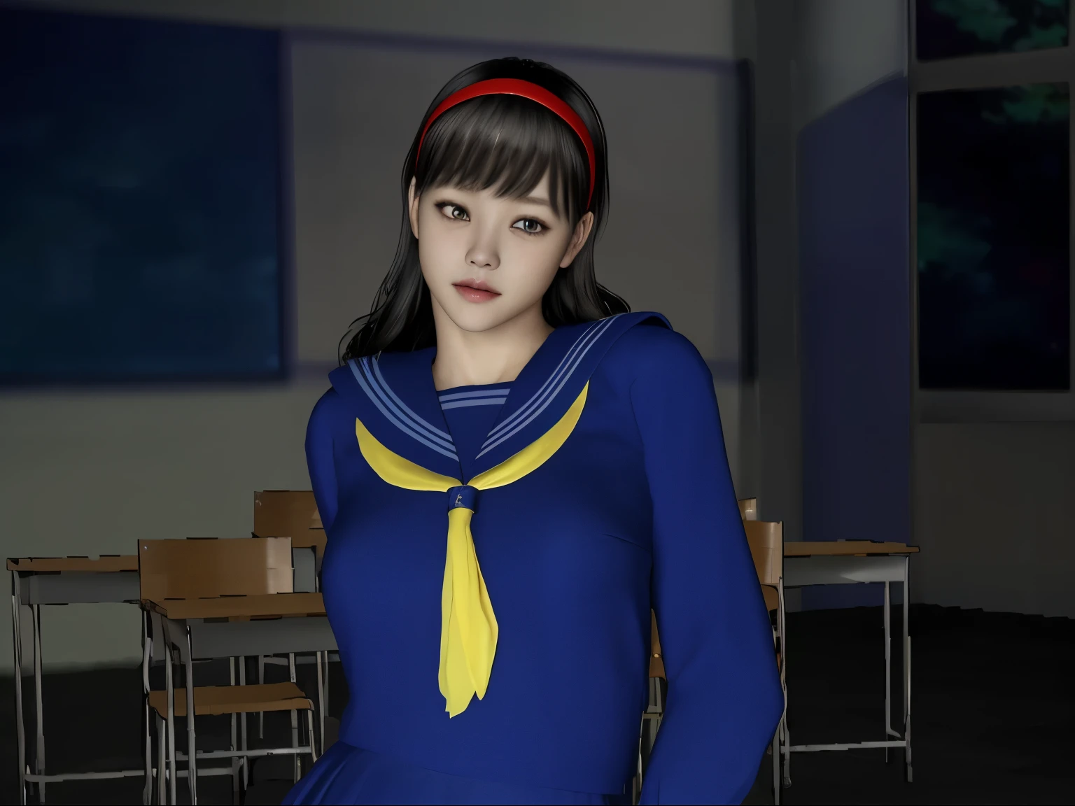 (Detailed CG、unity、8k wallpaper)、(very delicate and beautiful)、(masterpiece)、(highest quality:1.2)、(超A high resolution:1.3)、(beautiful realistic asian),beautiful lighting、perfect lightning、realistic shadow、fine skin、Super detailed、detailed face and eyes、realistic eyes、sharp pupils、Huge , inside the classroom、School、sunset、beautiful face、blurred background、(japanese woman)、shiny skin、side up、beautiful black hair、dull bangs、Japan High School Sailor Uniform、pleated mini skirt、gentle smile, ((table top, highest quality)), (shiny skin), cinematic lighting, Physically based rendering, award-winning, highly detailed skin, highly detailed face, Beautiful eyes in every detail, Carl Zeiss 85mm F/1.4, (Cowgirl:1.3), (cumin , on the chest and thighs), she'To a very cute 16 year old , (brown hair, straight long hair, open your eyes, round face), big cleavage, (sailor blouse, Pull up the pleated skirt yourself:1.3), watching from a distance, (spread your legs, thigh focus),art by、