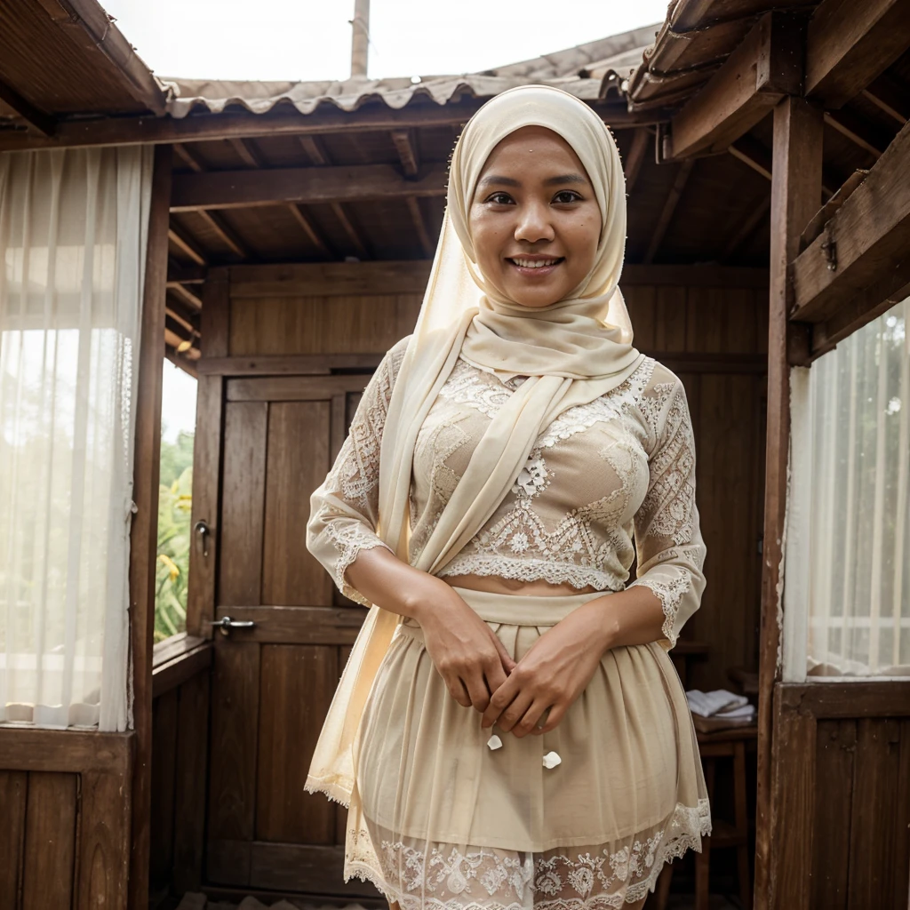 A 52 years old Indonesian woman in cream color hijab, wearing cream color bra, wearing very short see-through cream color lace skirt, skirtlift, villager, poor woman, darker skin, curvier body, short body, smiling and standing alone in an old wooden house, look to the viewer with eye close