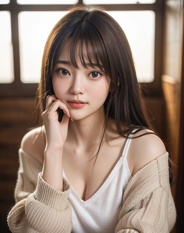 masterpiece, highest quality, 8K, 1 girl, correct human hand, Correct human finger, japanese girl,Hands on the face, close up of face, cute, girly, delicate girl, Neat beauty,(cowboy shot:1.5), fine eyes, catch the light in your eyes, sexy lips, smile, luminescent, avert your eyes, face down, RAW photo, anatomically correct, Bokeh,professional photography, portrait, soft light, professional lighting, Backlight, film grain, (Eye and face details:1.0), brown hair, bangs, cardigan, Take your eyes off, face down,No cap, T-shirt,small breasts,not looking here, stare into the distance,The head is protruding