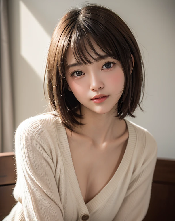 masterpiece, highest quality, 8K, 1 girl, correct human hand, Correct human finger, japanese girl,Hands on the face, close up of face, cute, girly, delicate girl, Neat beauty,(cowboy shot:1.5), fine eyes, catch the light in your eyes, sexy lips, smile, luminescent, avert your eyes, face down, RAW photo, anatomically correct, Bokeh，professional photography, portrait, soft light, professional lighting, Backlight, film grain, (Eye and face details:1.0), brown hair, bangs, cardigan, Take your eyes off, face down,No cap, T-shirt,small breasts,not looking here, stare into the distance,The head is protruding
