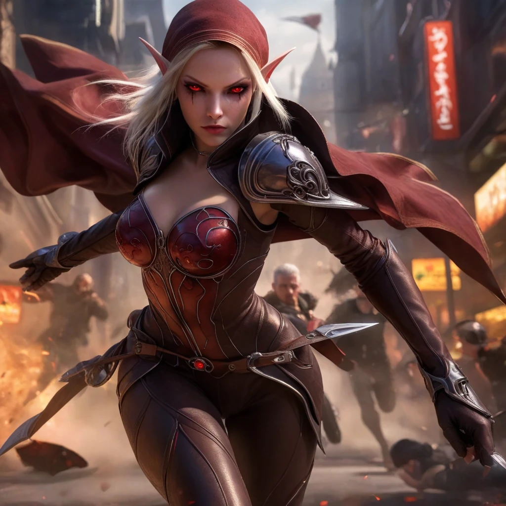 red eyes, sylvanas_windrunner, cinewow, (((Full body image))), 1girl, elf, will be depicted in the futuristic world of "Aeon Flux". The artwork will be created using the medium of digital illustration. The image quality should be at its best, with a resolution of 4k or 8k. It should be ultra-detailed and have a realistic, photorealistic appearance. The colors should be vivid and the lighting should be carefully designed to enhance the overall atmosphere of the scene. In the artwork,red eyes, sylvanas_windrunner, cinewow, (((Full body image))), 1girl, elf, character will be portrayed with beautiful, detailed eyes and lips. Her face will be extremely detailed, capturing her unique features and expressions. She will be shown in a dynamic pose, reflecting her strong and confident personality. The background will be a futuristic cityscape, showcasing the sci-fi elements of the "Aeon Flux" universe. The city will be presented in a dark and moody color palette, with neon lights illuminating the streets. The composition will have a strong sense of depth, with layers of buildings and structures creating a visually striking image. The artwork will have a professional and polished look, with sharp focus and ultra-fine painting details. The use of HDR and studio lighting will further enhance the realism of the scene. The overall style of the artwork will be influenced by concept artists, combining elements of science fiction and dystopia. The final result should be a masterpiece that captures the essence of "Aeon Flux" and portrayal of the red eyes, sylvanas_windrunner, cinewow, (((Full body image))), 1girl, elf, iconic character.