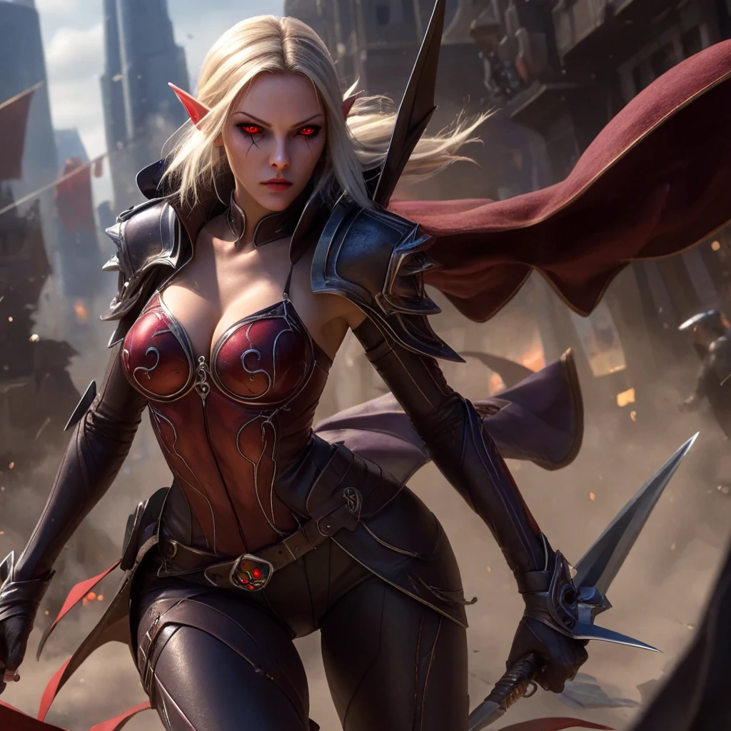 red eyes, sylvanas_windrunner, cinewow, (((Full body image))), 1girl, elf, will be depicted in the futuristic world of "Aeon Flux". The artwork will be created using the medium of digital illustration. The image quality should be at its best, with a resolution of 4k or 8k. It should be ultra-detailed and have a realistic, photorealistic appearance. The colors should be vivid and the lighting should be carefully designed to enhance the overall atmosphere of the scene. In the artwork,red eyes, sylvanas_windrunner, cinewow, (((Full body image))), 1girl, elf, character will be portrayed with beautiful, detailed eyes and lips. Her face will be extremely detailed, capturing her unique features and expressions. She will be shown in a dynamic pose, reflecting her strong and confident personality. The background will be a futuristic cityscape, showcasing the sci-fi elements of the "Aeon Flux" universe. The city will be presented in a dark and moody color palette, with neon lights illuminating the streets. The composition will have a strong sense of depth, with layers of buildings and structures creating a visually striking image. The artwork will have a professional and polished look, with sharp focus and ultra-fine painting details. The use of HDR and studio lighting will further enhance the realism of the scene. The overall style of the artwork will be influenced by concept artists, combining elements of science fiction and dystopia. The final result should be a masterpiece that captures the essence of "Aeon Flux" and portrayal of the red eyes, sylvanas_windrunner, cinewow, (((Full body image))), 1girl, elf, iconic character.