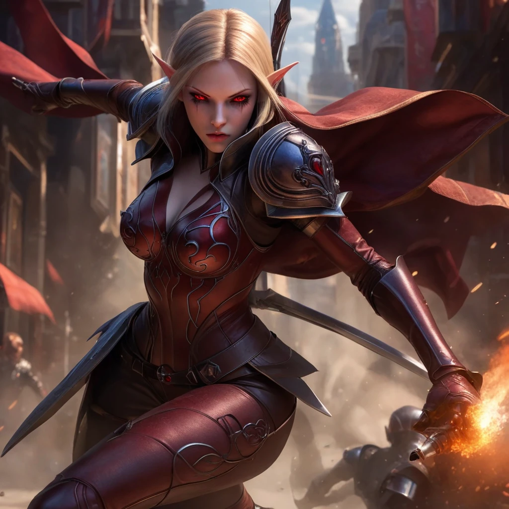 red eyes, sylvanas_windrunner, cinewow, (((Full body image))), 1girl, elf, will be depicted in the futuristic world of "Aeon Flux". The artwork will be created using the medium of digital illustration. The image quality should be at its best, with a resolution of 4k or 8k. It should be ultra-detailed and have a realistic, photorealistic appearance. The colors should be vivid and the lighting should be carefully designed to enhance the overall atmosphere of the scene. In the artwork,red eyes, sylvanas_windrunner, cinewow, (((Full body image))), 1girl, elf, character will be portrayed with beautiful, detailed eyes and lips. Her face will be extremely detailed, capturing her unique features and expressions. She will be shown in a dynamic pose, reflecting her strong and confident personality. The background will be a futuristic cityscape, showcasing the sci-fi elements of the "Aeon Flux" universe. The city will be presented in a dark and moody color palette, with neon lights illuminating the streets. The composition will have a strong sense of depth, with layers of buildings and structures creating a visually striking image. The artwork will have a professional and polished look, with sharp focus and ultra-fine painting details. The use of HDR and studio lighting will further enhance the realism of the scene. The overall style of the artwork will be influenced by concept artists, combining elements of science fiction and dystopia. The final result should be a masterpiece that captures the essence of "Aeon Flux" and portrayal of the red eyes, sylvanas_windrunner, cinewow, (((Full body image))), 1girl, elf, iconic character.