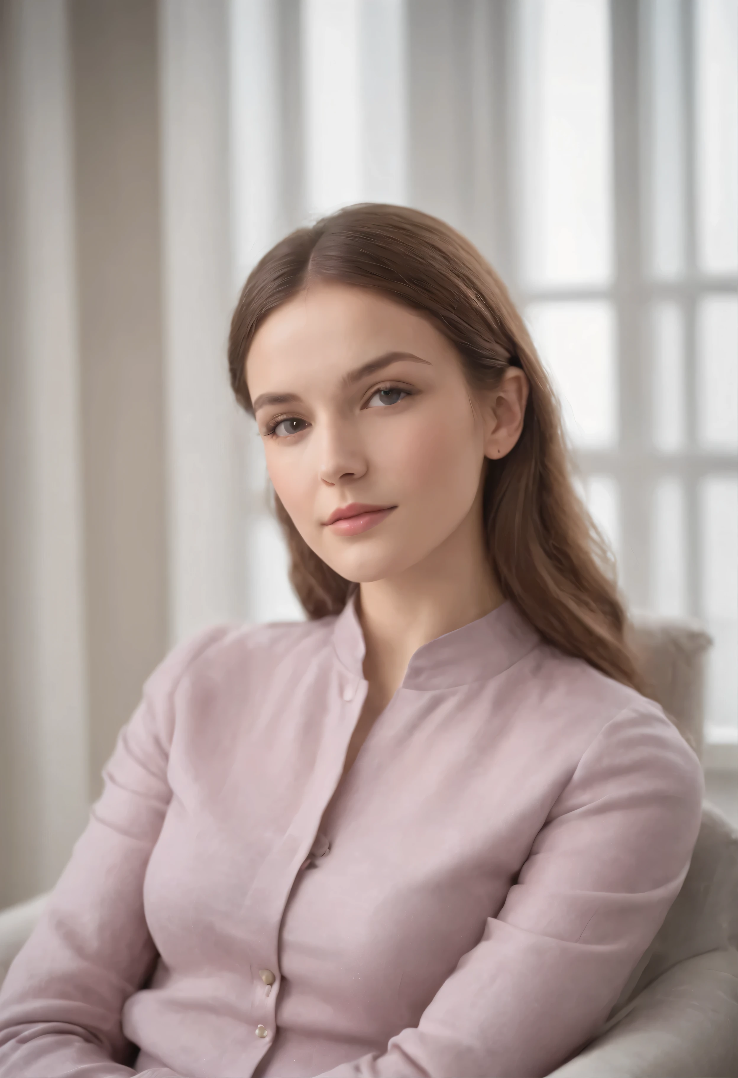 young woman siting on armchair ((upper body)) in the style of light magenta and light gray, calm and meditative, barbizon school, exaggerated facial features, light brown and white, happycore,