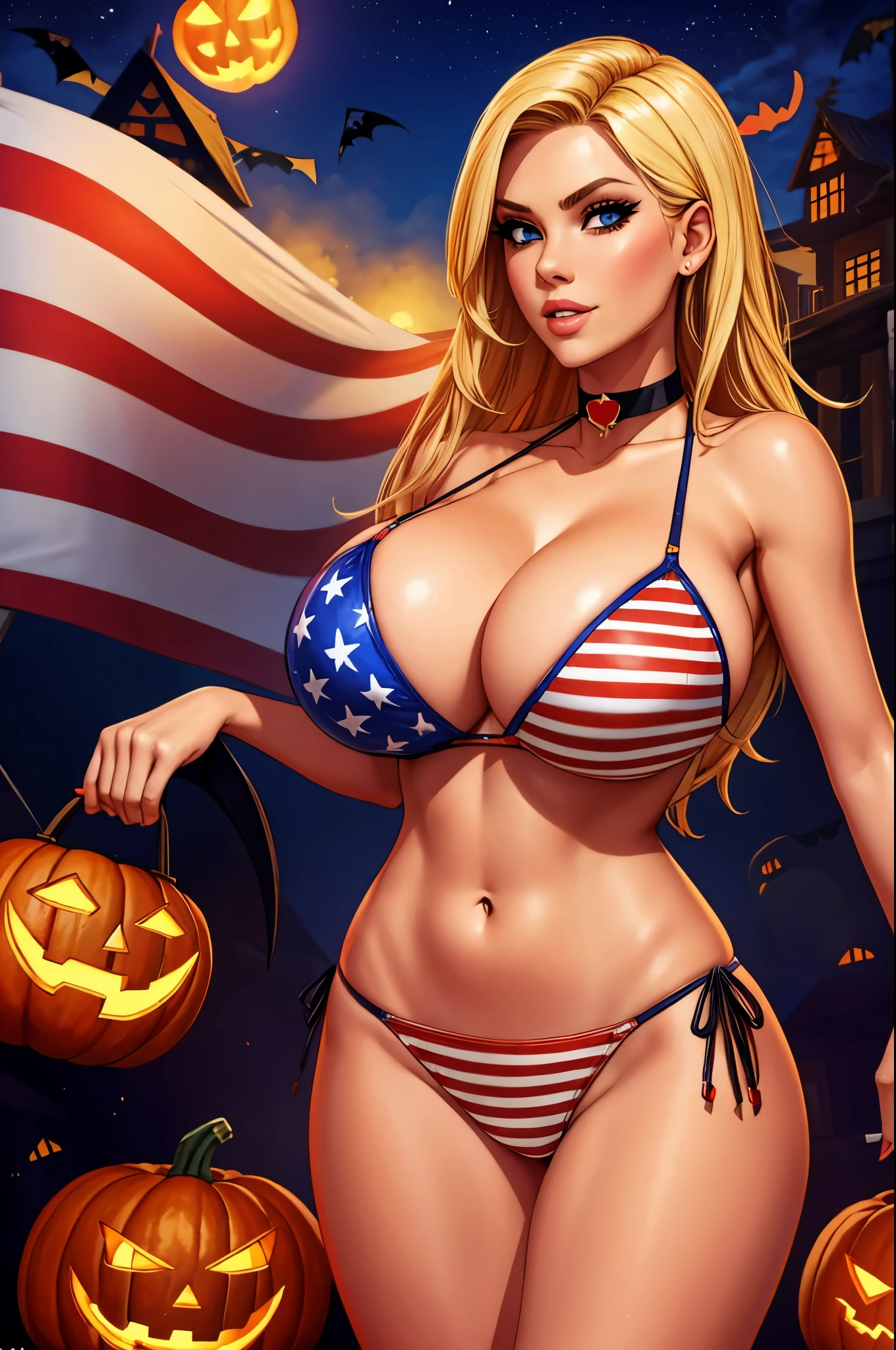 busty blonde, american flag bikini, choker, fighting evil pumpkin on Halloween night