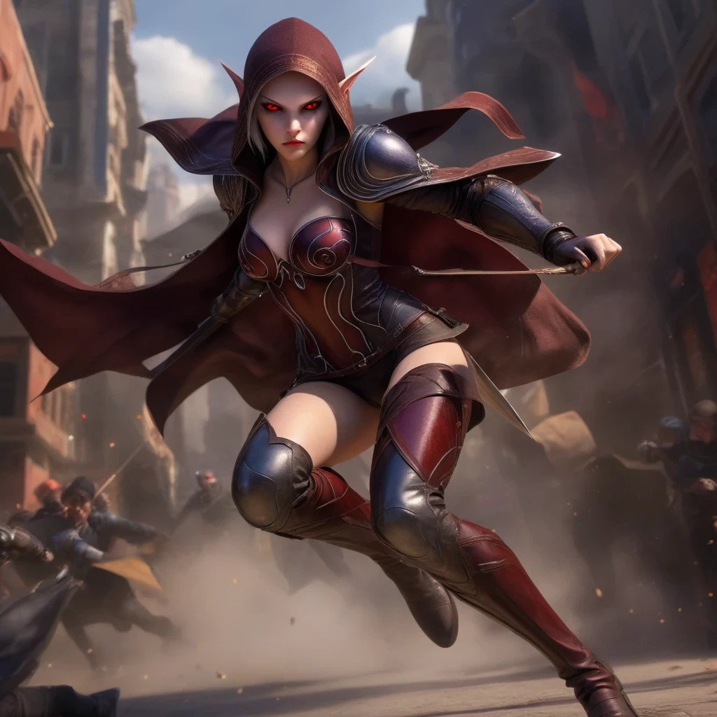 red eyes, sylvanas_windrunner, cinewow, (((Full body image))), 1girl, elf, will be depicted in the futuristic world of "Aeon Flux". The artwork will be created using the medium of digital illustration. The image quality should be at its best, with a resolution of 4k or 8k. It should be ultra-detailed and have a realistic, photorealistic appearance. The colors should be vivid and the lighting should be carefully designed to enhance the overall atmosphere of the scene. In the artwork,red eyes, sylvanas_windrunner, cinewow, (((Full body image))), 1girl, elf, character will be portrayed with beautiful, detailed eyes and lips. Her face will be extremely detailed, capturing her unique features and expressions. She will be shown in a dynamic pose, reflecting her strong and confident personality. The background will be a futuristic cityscape, showcasing the sci-fi elements of the "Aeon Flux" universe. The city will be presented in a dark and moody color palette, with neon lights illuminating the streets. The composition will have a strong sense of depth, with layers of buildings and structures creating a visually striking image. The artwork will have a professional and polished look, with sharp focus and ultra-fine painting details. The use of HDR and studio lighting will further enhance the realism of the scene. The overall style of the artwork will be influenced by concept artists, combining elements of science fiction and dystopia. The final result should be a masterpiece that captures the essence of "Aeon Flux" and portrayal of the red eyes, sylvanas_windrunner, cinewow, (((Full body image))), 1girl, elf, iconic character.