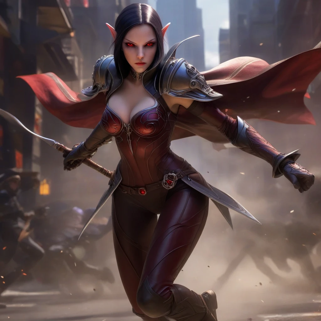 red eyes, sylvanas_windrunner, cinewow, (((Full body image))), 1girl, elf, will be depicted in the futuristic world of "Aeon Flux". The artwork will be created using the medium of digital illustration. The image quality should be at its best, with a resolution of 4k or 8k. It should be ultra-detailed and have a realistic, photorealistic appearance. The colors should be vivid and the lighting should be carefully designed to enhance the overall atmosphere of the scene. In the artwork,red eyes, sylvanas_windrunner, cinewow, (((Full body image))), 1girl, elf, character will be portrayed with beautiful, detailed eyes and lips. Her face will be extremely detailed, capturing her unique features and expressions. She will be shown in a dynamic pose, reflecting her strong and confident personality. The background will be a futuristic cityscape, showcasing the sci-fi elements of the "Aeon Flux" universe. The city will be presented in a dark and moody color palette, with neon lights illuminating the streets. The composition will have a strong sense of depth, with layers of buildings and structures creating a visually striking image. The artwork will have a professional and polished look, with sharp focus and ultra-fine painting details. The use of HDR and studio lighting will further enhance the realism of the scene. The overall style of the artwork will be influenced by concept artists, combining elements of science fiction and dystopia. The final result should be a masterpiece that captures the essence of "Aeon Flux" and portrayal of the red eyes, sylvanas_windrunner, cinewow, (((Full body image))), 1girl, elf, iconic character.