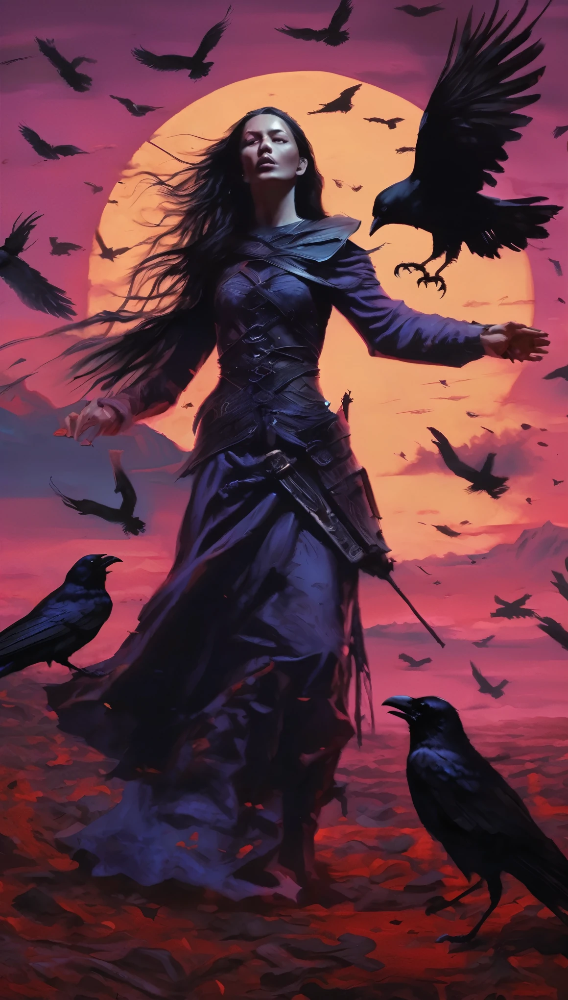 An abstraction of horror in a fantasy world where a woman warrior's body is ripped open by a crow, and the crow emerges from the woman warrior's gut. The horrifying scene is intensified by the woman's terrifying scream of agony.
Medium: Dark and surrealistic illustrations
Additional details: A moonlit sky with eerie shades of purple and blue, twisted trees with gnarled branches, a trail of blood tracing the path of the crow's escape, the warrior's torn armor scattered on the ground.
Image quality: (best quality, 4k, highres, masterpiece:1.2), ultra-detailed, (realistic, photorealistic, photo-realistic:1.37)
Art style: Horror, surrealism
Color palette: Dark and gloomy colors with stark contrasts
Lighting: Soft moonlight casting eerie shadows, with a faint glow surrounding the crow.