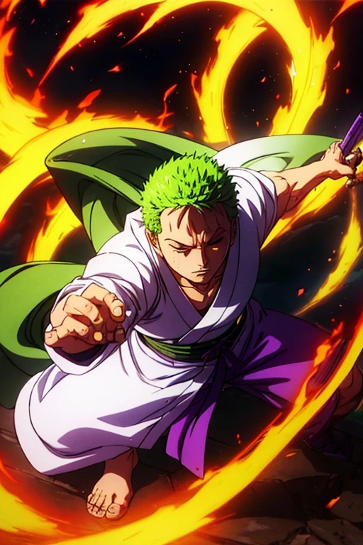 1Man, full body, solo, masterpiece, Zoro, green Hair, 1 eye closed, scar, wearing white kimono and geta, attacking with Enma, (extreme details), background purple flames, dragon
