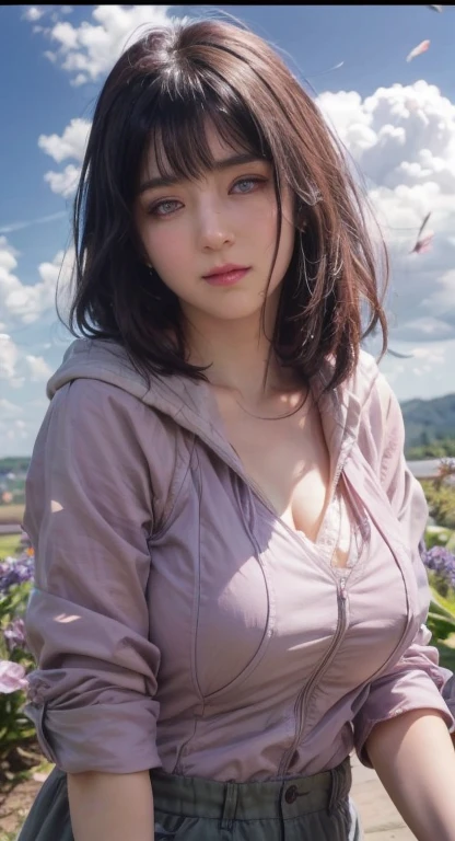 Best quality, high quality, masterpiece (large breasts) huge breasts, white eyes, detailed skin texture, detailed cloth texture, detailed face, super detail, 8k, intricate detail, 1girl, realistic, Hinata Hyuga