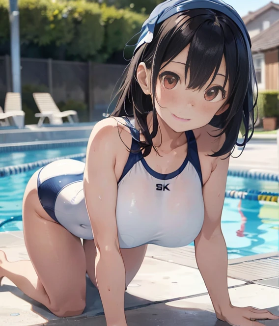  Japanese girl ((CG, 8K quality, Hyper-realistic)), ((Anime style, Perfect drawing)), Beautiful woman, ((Glowing, beautiful skin)), Gentle smile,

She is wearing a tight-fitting white swimsuit, The body line is clearly visible, Accurate depiction of competitive swimsuits, Nipples delicately depicted but not explicit, Big breasts,

Crawling on all fours by the pool, Emphasizing the natural S-curve of her body, Detailed facial expressions reflecting concentration and determination,

Detailed limbs flexed for maximum effect, Swimmers cap sitting atop her head, Sun-k