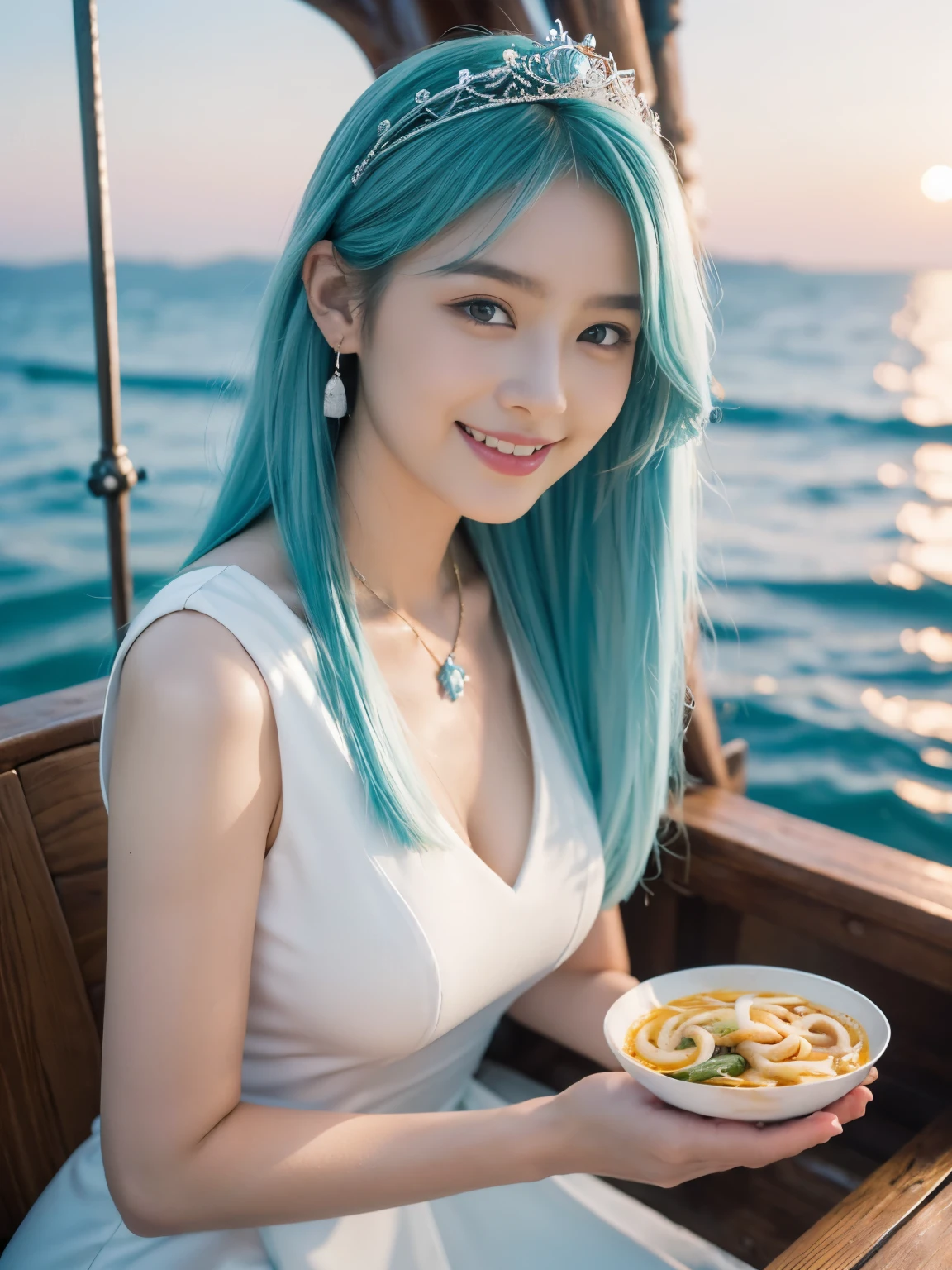 (realistic, photorealistic, best quality, 8k, RAW photo, masterpiece, ultra detailed:1.2), (beautiful Japanese girl:1.3), 18years old, (slender,) detailed face, (cute), kawaii, (shiny straight hair:1.2), (medium hair:1.3), (light aqua hair:1.5), necklace, earrings, (detailed white evening dress:1.4), (detailed fabric), (tiara:1.4), detailed eyes, (blue eyes:1.3), small breasts, cleavage, (looking at viewer:1.3), (smile:1.3), (wind:1.3), sitting, (eating curry udon:1.4), BREAK (on deck of a battered pirate ship:1.3), (rough waves), dynamic angle, (close-up face)