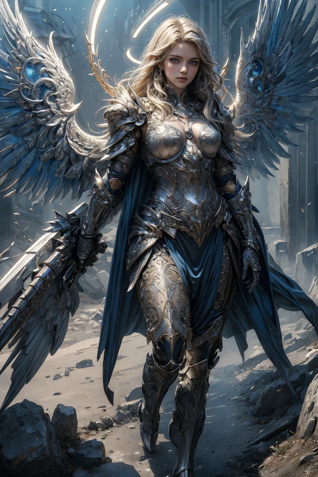 (best quality, masterpiece, highest detailed), 1girl, solo, armor, glowing 4 wings, solo, glowing armor, glowing halo, building, glowing mechanical 4 wings (intricate details, hyperdetailed:1.15), detailed, light passing through hair, (official art, extreme detailed, highest detailed), HDR+