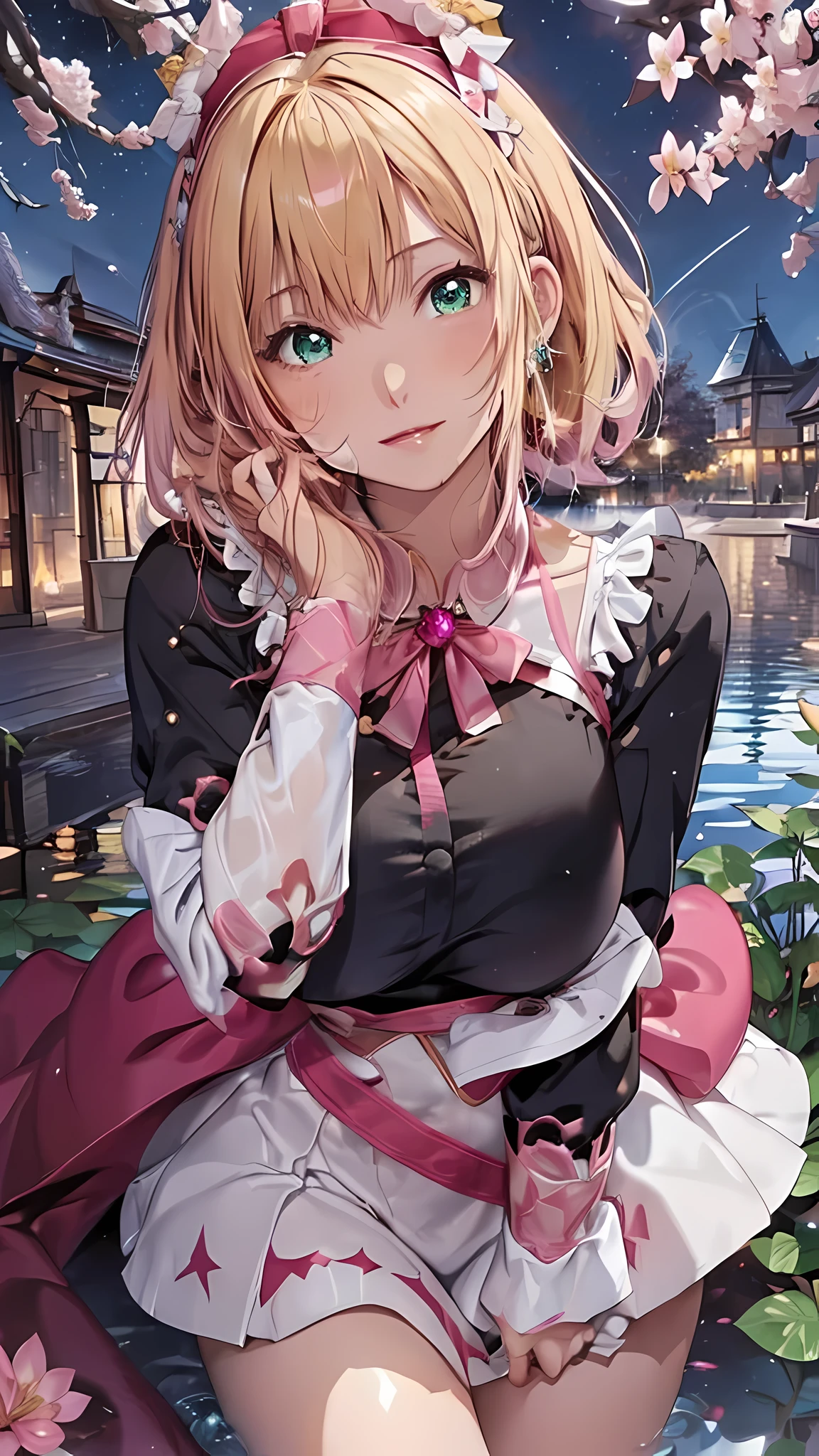 (masterpiece:1.3), best quality, expressive eyes, perfect face,1girl, ([Diamonds: 1.3|The eye]:1.2), pink magical girl outfit,(blonde hair),(green eyes),long hair,straight,(big breasts),full body,garden、cherry trees、(Hair drops:1.3) 、standing,(night:1.1).(starry sky:1.1),smiles,star magical wand,fairy wings,flying