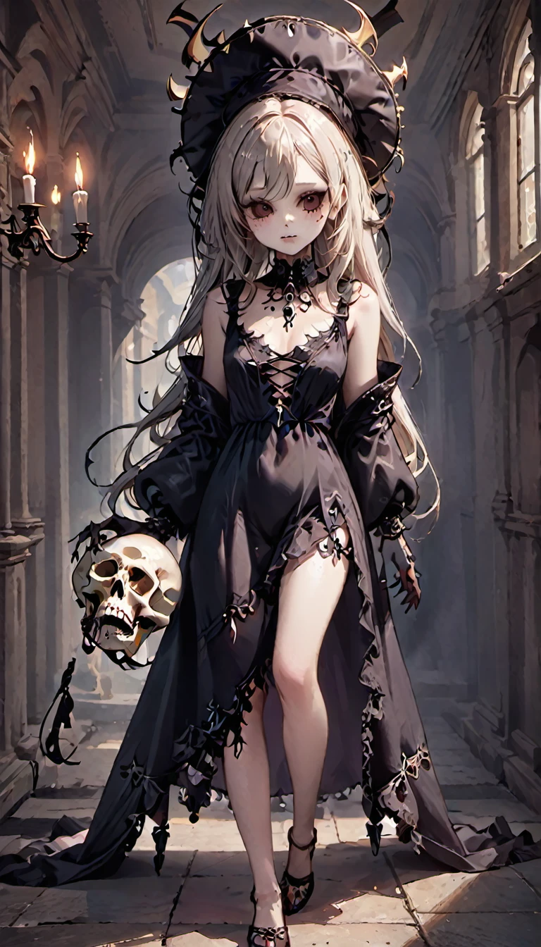 Chica sosteniendo un esqueleto y una calavera en sus manos.,  calavera retrato mujer, bruja mecanica, gothic otome girl, Google en pixiv artstation, gweiz pixiv art station, beautiful necromancer girl,  digital detallado, Kushart Krenz Arte Clave Fe******, arte detallado del personaje 