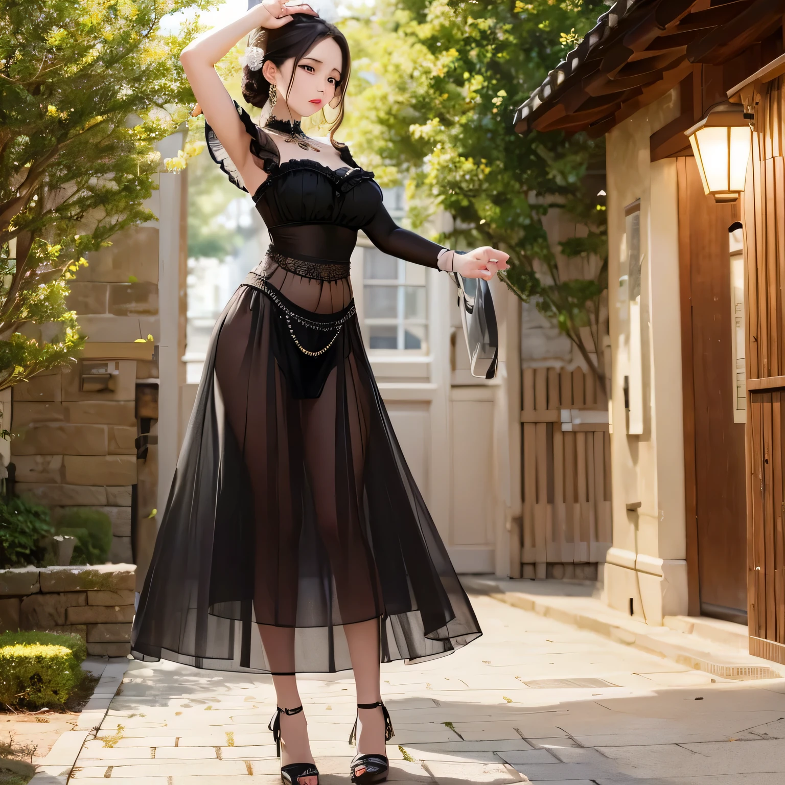 a woman in long sheer skirt, gr3ysh33r very sensual posing