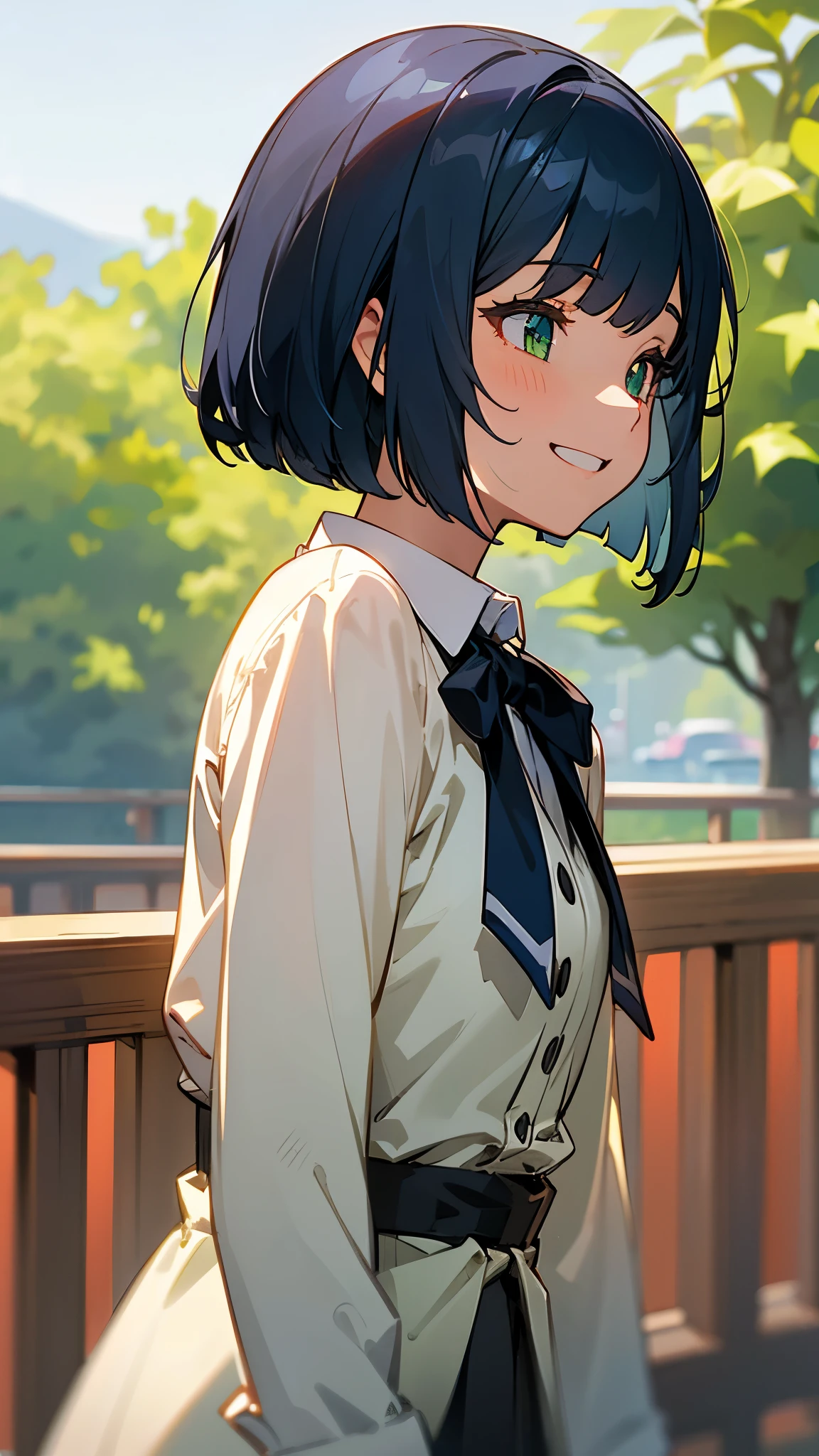 １girl、dark blue hair、bob cut、beautiful green eyes、grin and laugh、profile、upper body close-up、Morning Cafe Terrace、background bokeh, written boundary depth