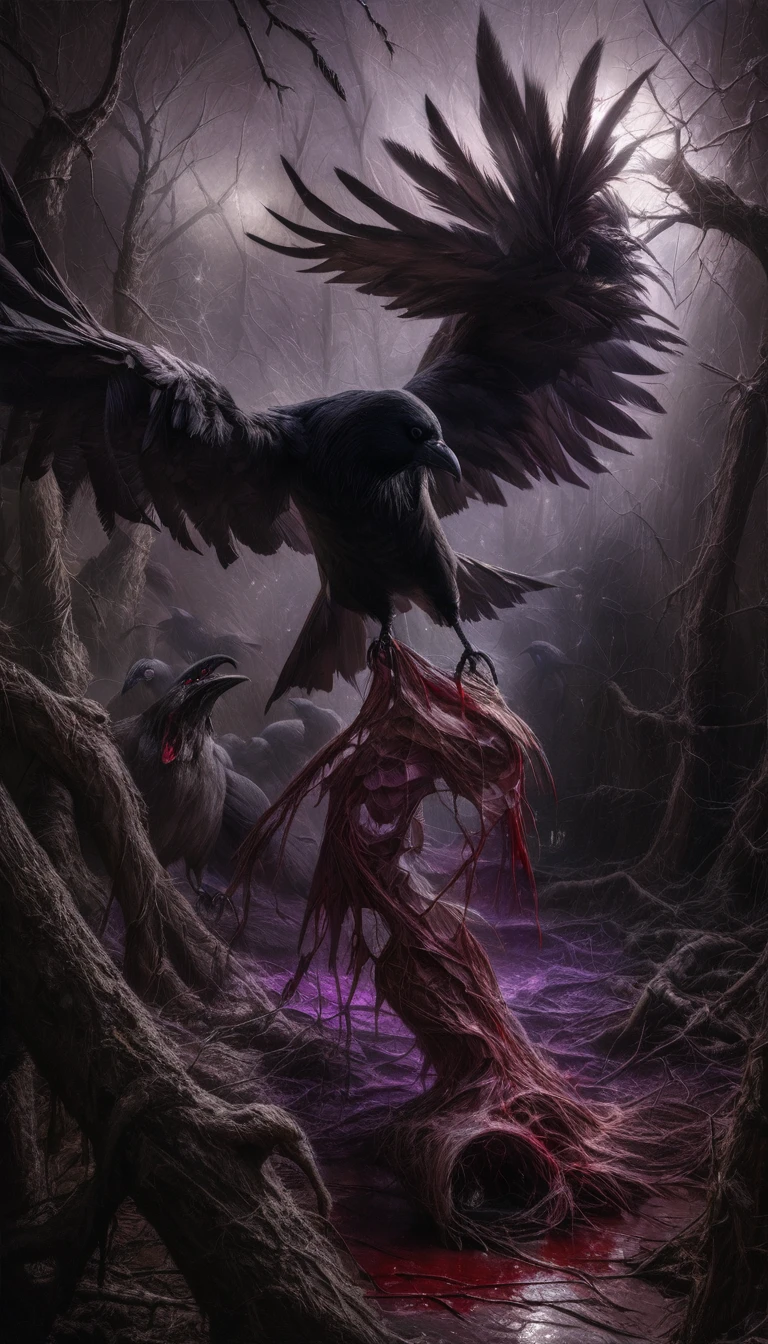 An abstraction of horror in a fantasy world where a woman warrior's body is ripped open by a crow, and the crow emerges from the woman warrior's gut. The horrifying scene is intensified by the woman's terrifying scream of agony.

Medium: Dark and surrealistic illustrations
Additional details: A moonlit sky with eerie shades of purple and blue, twisted trees with gnarled branches, a trail of blood tracing the path of the crow's escape, the warrior's torn armor scattered on the ground.
Image quality: (best quality, 4k, highres, masterpiece:1.2), ultra-detailed, (realistic, photorealistic, photo-realistic:1.37)
Art style: Horror, surrealism
Color palette: Dark and gloomy colors with stark contrasts
Lighting: Soft moonlight casting eerie shadows, with a faint glow surrounding the crow.