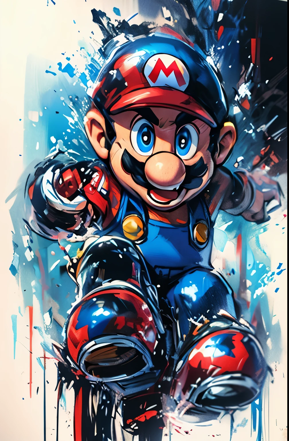 uma pintura de um personagem da Nintendo com respingos de tinta, portrait of super mario, super mario portrait, portrait of Mario, inspired by Mario Cooper, Mario fan art, inspired by Mario Dubsky, inspired by Mário Bardi, super mario, inspired by Mário Comensoli, nintendo game art, Mario rubbing, videogame art, arte de videogame