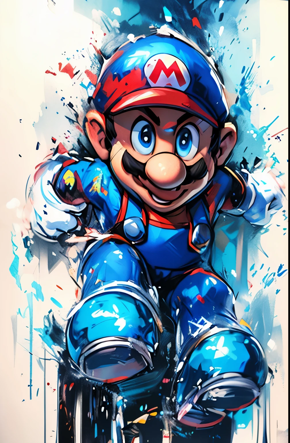 uma pintura de um personagem da Nintendo com respingos de tinta, portrait of super mario, super mario portrait, portrait of Mario, inspired by Mario Cooper, Mario fan art, inspired by Mario Dubsky, inspired by Mário Bardi, super mario, inspired by Mário Comensoli, nintendo game art, Mario rubbing, videogame art, arte de videogame