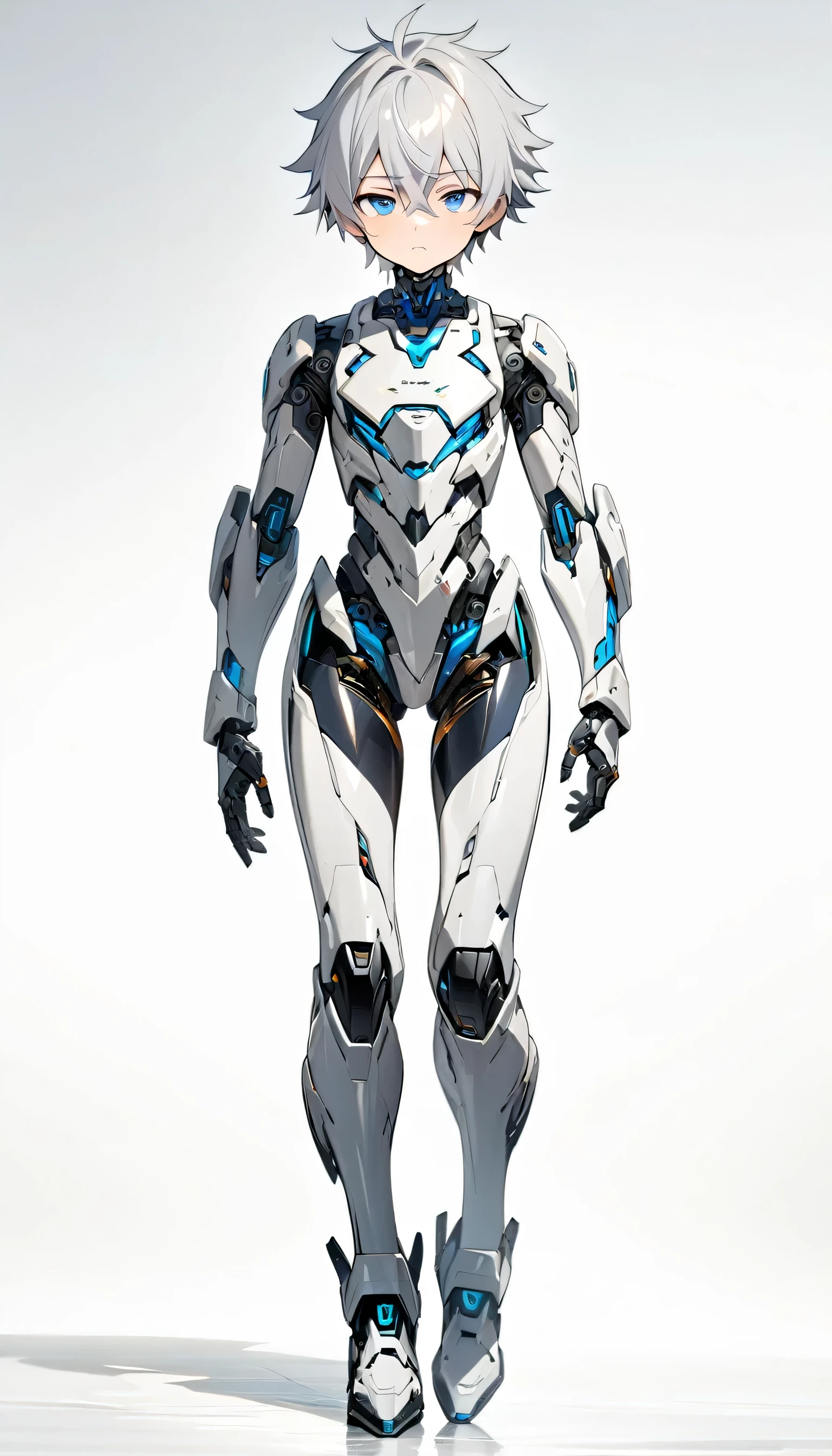 (((masterpiece:1.5))), full body image, anime android robot boy, 1boy, ((shota)), shiny, ((white)) sci-fi mechanical robot body with accents, silver hair, blue eyes, neutral expression, plain white background