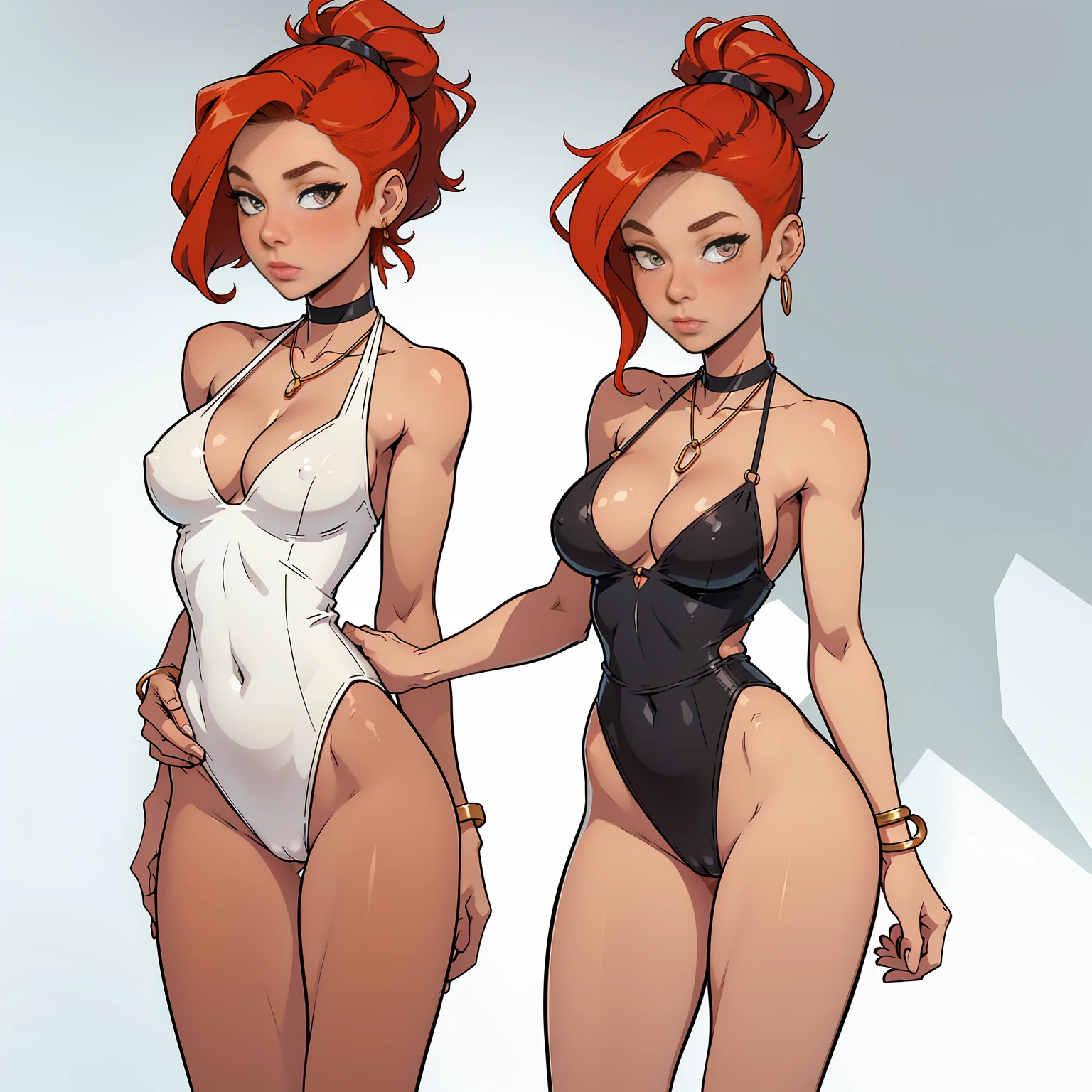 makeup, mascara, simple color palettes, woman 25 years old, stylish, Clean, sharp designs, fine silhouettes, (simple black monokini), asymmetrical, geometric, Elegant and luxurious materials and designs, Simple, minimal accessories, Slim necklaces and rings in silver or gold, deep v, plunging neckline, monokini, one-piece semi-transparent swimsuit, Simple bangles, Distinctive designs, ginger hair, red hair, simple silhouettes, wet, chic and mature impression, simple and sophisticated style, elegance, minimalism, high quality materials, standing, silky, halter top, cool and urban impression, high fashion, gold chain , (chains), long red hair in messy bun, simplicity and sophistication, plain white swimwear, chic white monokini, full body, stiletto heels, deep v, cleavage, ???? abs, ????????, ??????? niples, long eyelashes, long hair, nose blushing.
