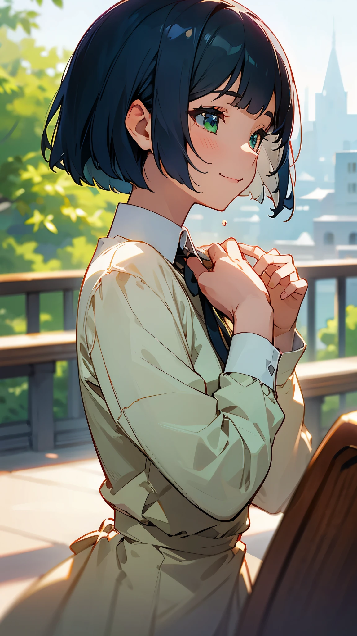 １girl、dark blue hair、bob cut、beautiful green eyes、smile、expression of pleasure、profile、upper body close-up、Morning Cafe Terrace、background bokeh, written boundary depth