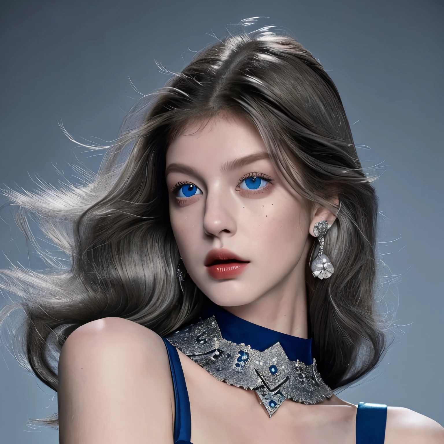 A porcelain-skinned woman with long, coal-black hair with shiny, silky highlights in her hair., en su cuello tiene puesto una gargantilla Choker, his hypnotic blue eyes that stand out above everything, tiene puesto un vestido de encaje con purpurina ajustado, is in position 3/4 se ve poderosa y imponente, su cabello largo y estilizado, fondo se oscurece, foto realista 