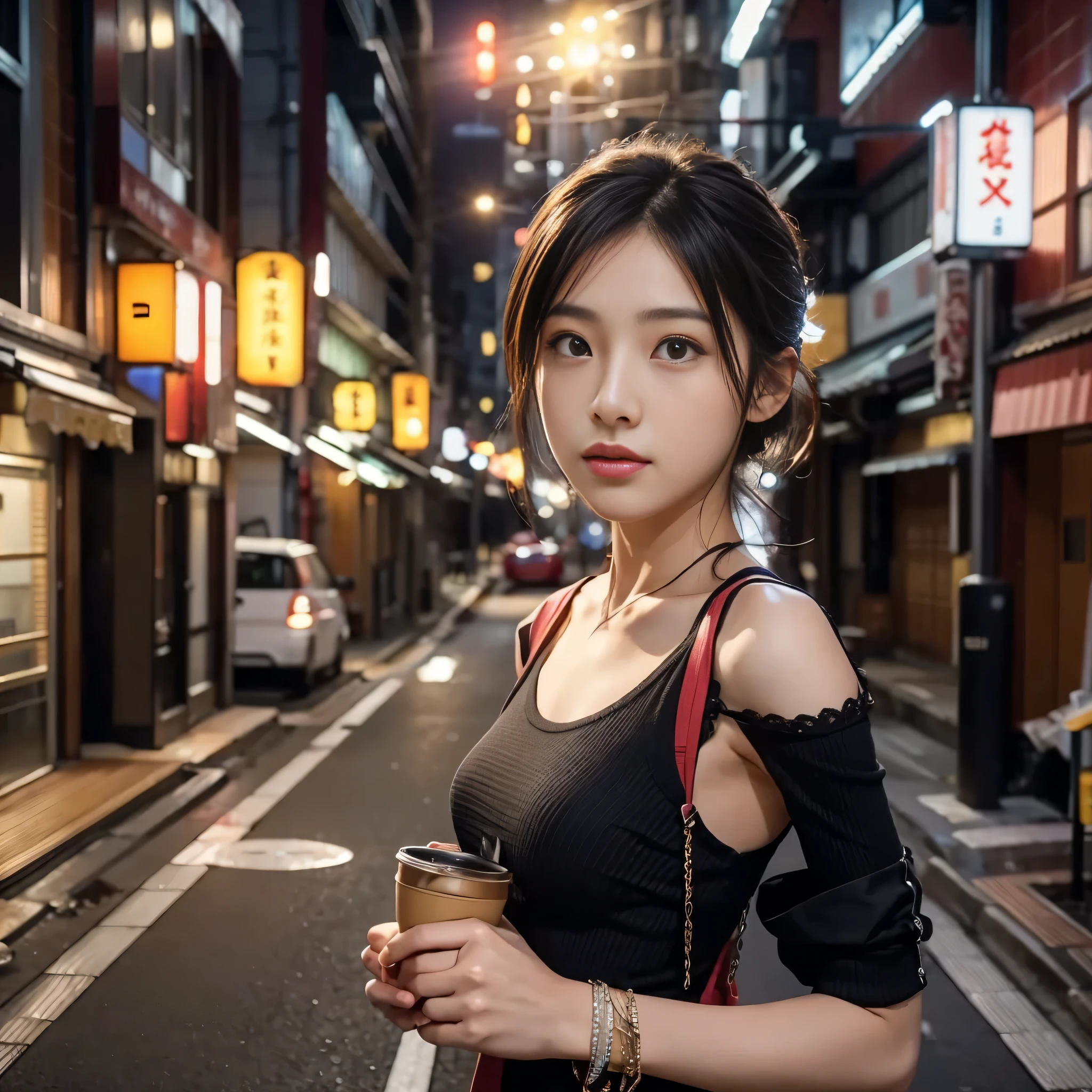 There is a woman standing on the street, A mix of anime style and Fujifilm, on the streets of tokyo, japanese teen portrait, asian young girl, Photos taken with Sony α7R, 2 4 mm iso 8 0 0 color, chinese girl, young asian woman, beautiful asian girl, mysterious coffee shop girl, In a Japanese city at night