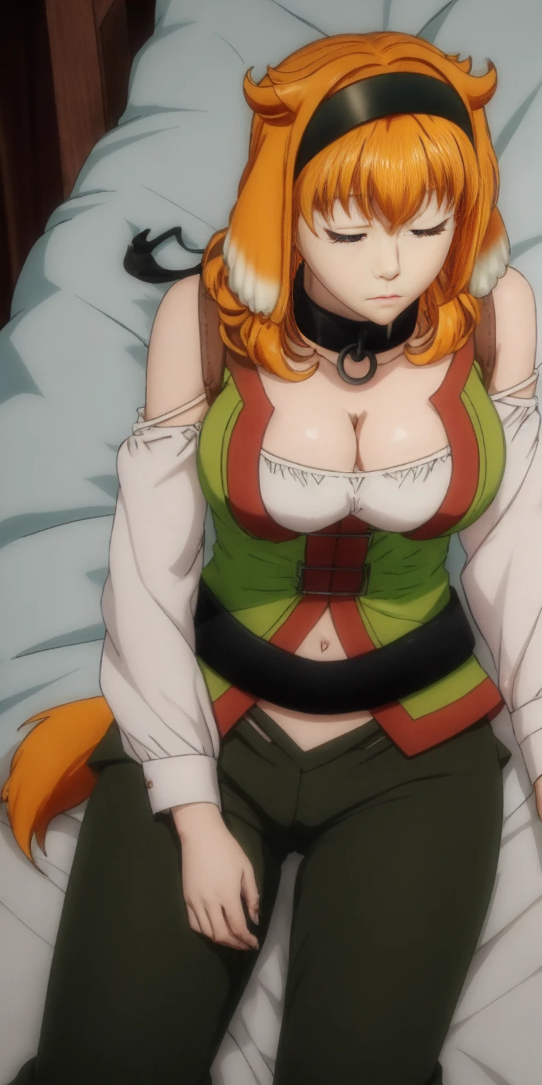 1girl, solo, breasts, large breasts, navel, animal ears, cleavage, tail, hairband, pants, orange hair, collar, dog ears, dog tail, dog girl, black collar, green pants, floppy ears, eyes closed, sleeping, lying on bed, waist up, leather slave collar choker, bracers