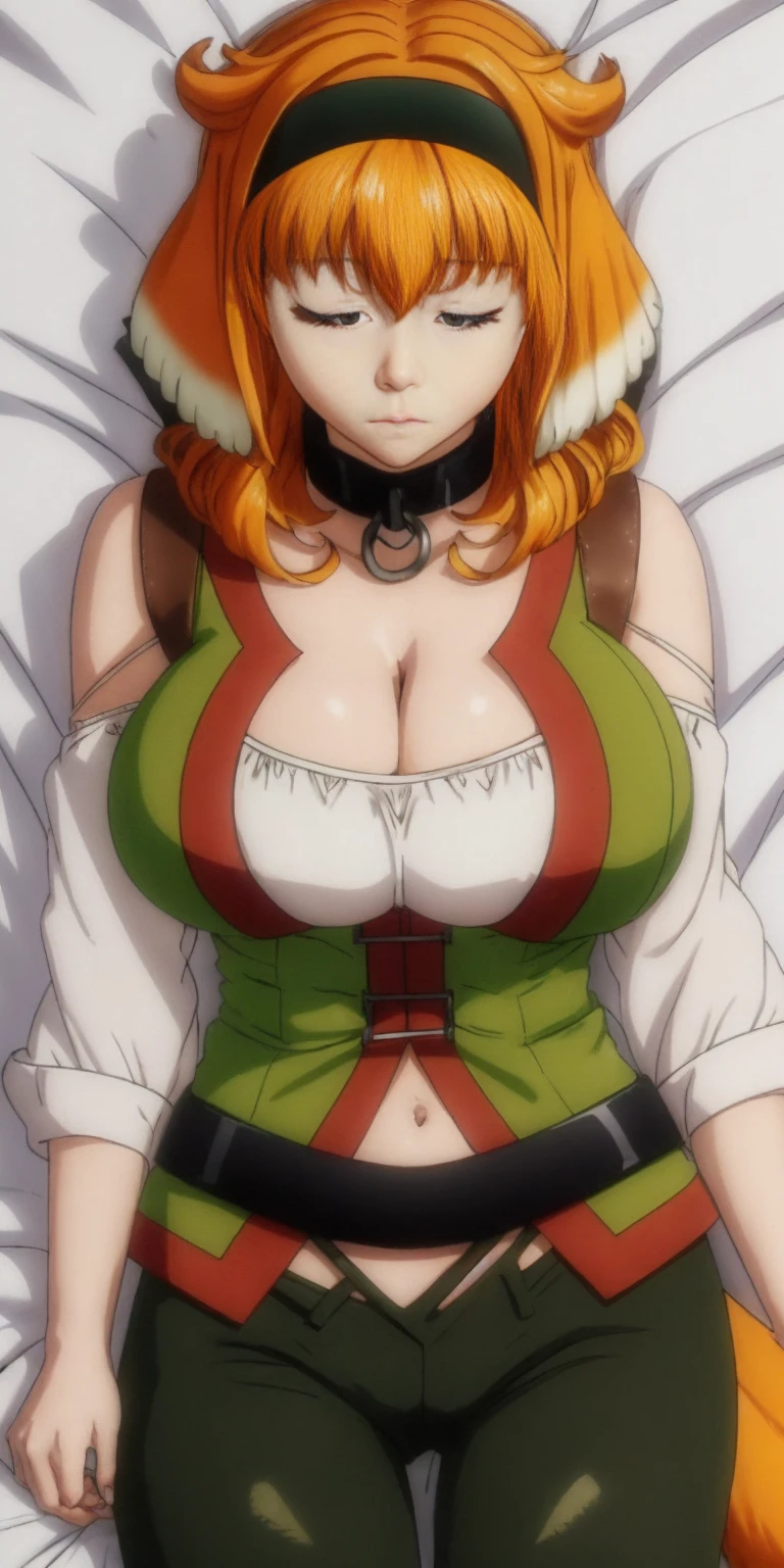 1girl, solo, breasts, large breasts, navel, animal ears, cleavage, tail, hairband, pants, orange hair, collar, dog ears, dog tail, dog girl, black collar, green pants, floppy ears, eyes closed, sleeping, lying on bed, waist up, leather slave collar choker, bracers